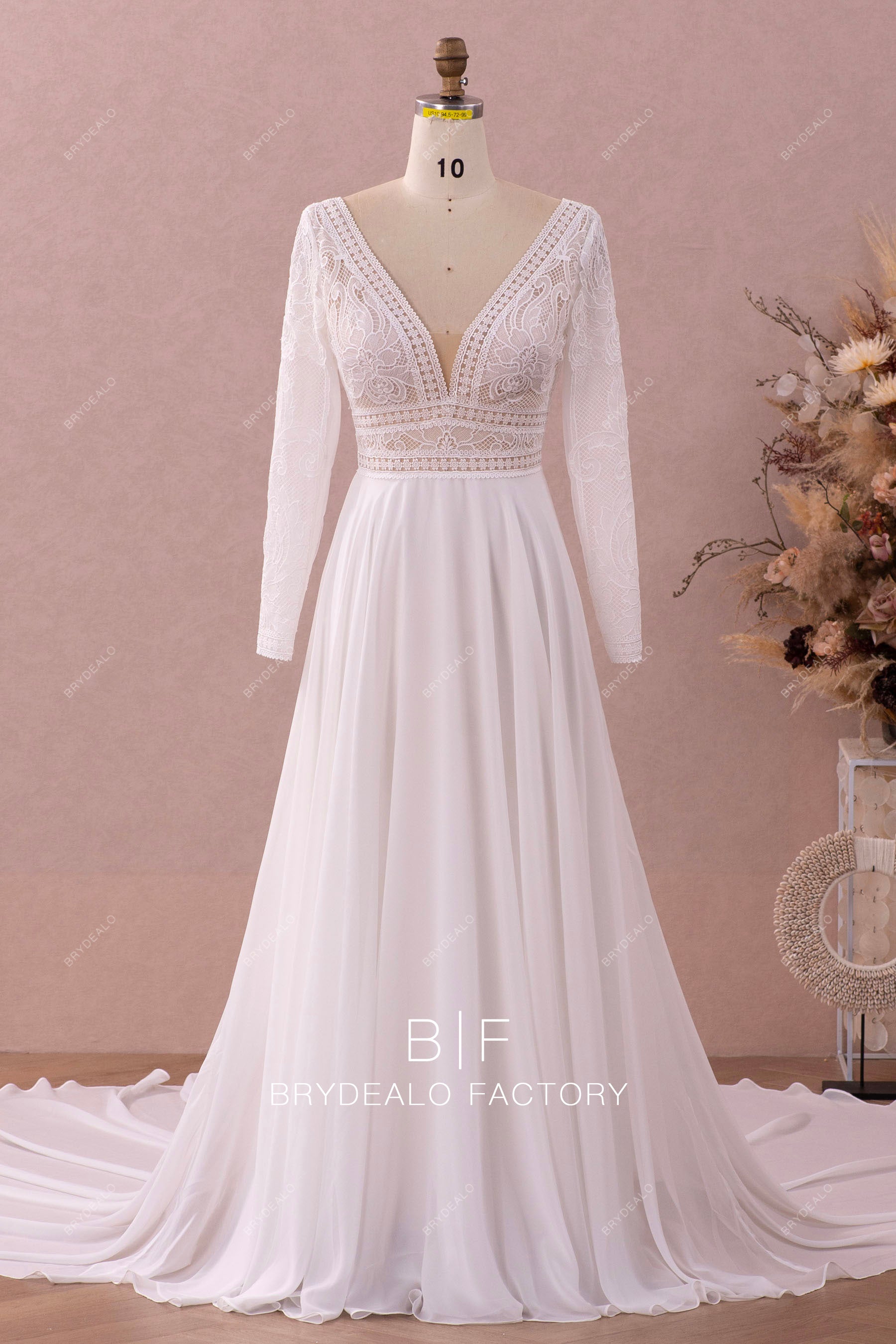 long sleeve plunging chiffon wedding dress