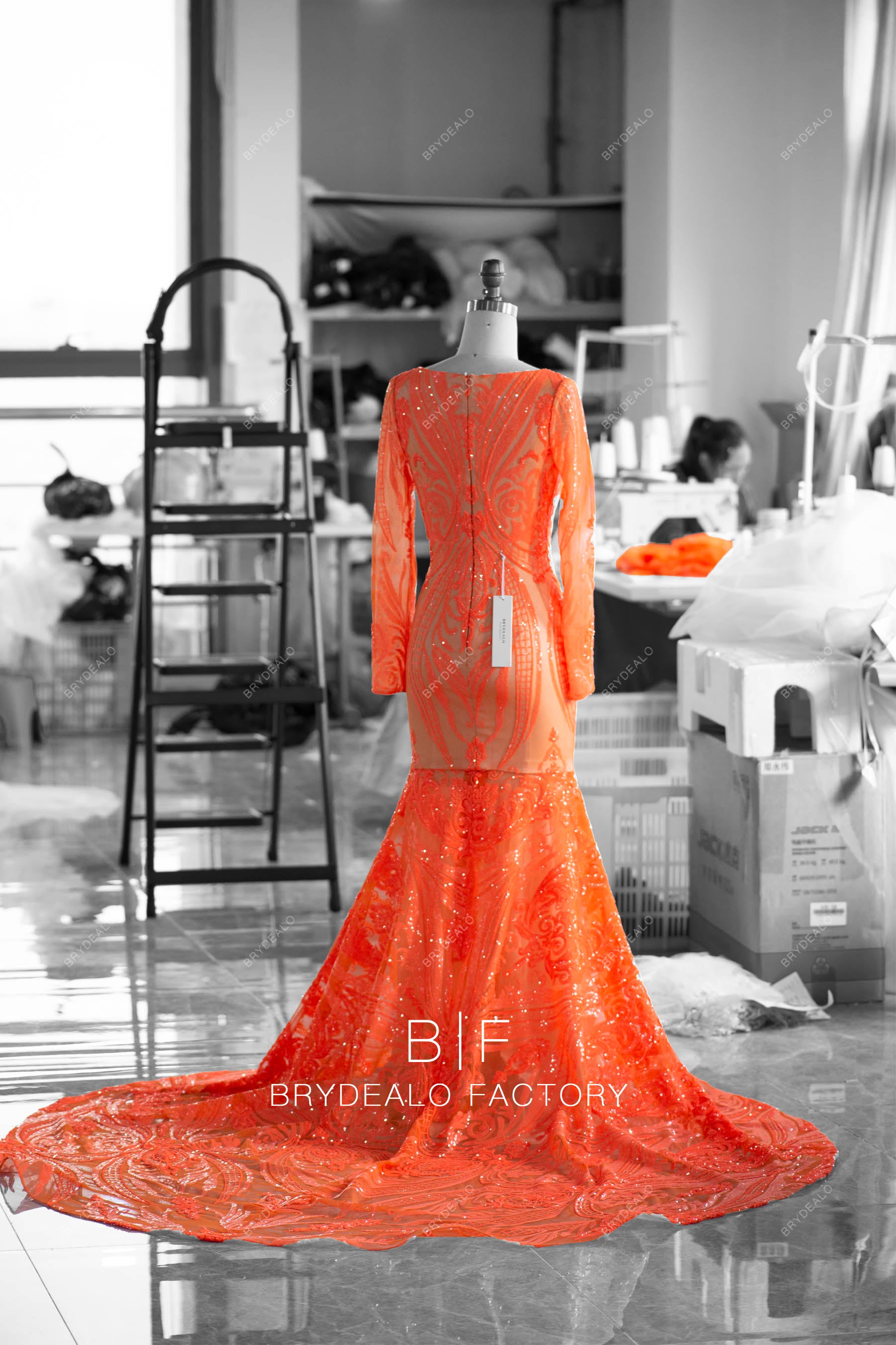 Orange Long Sleeve V-neck Patterned Sequin Prom Dress