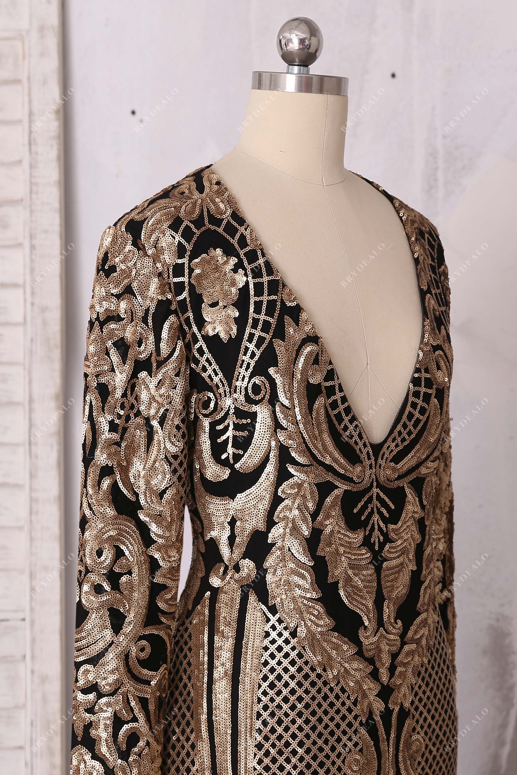 long sleeves V-neck prom dress