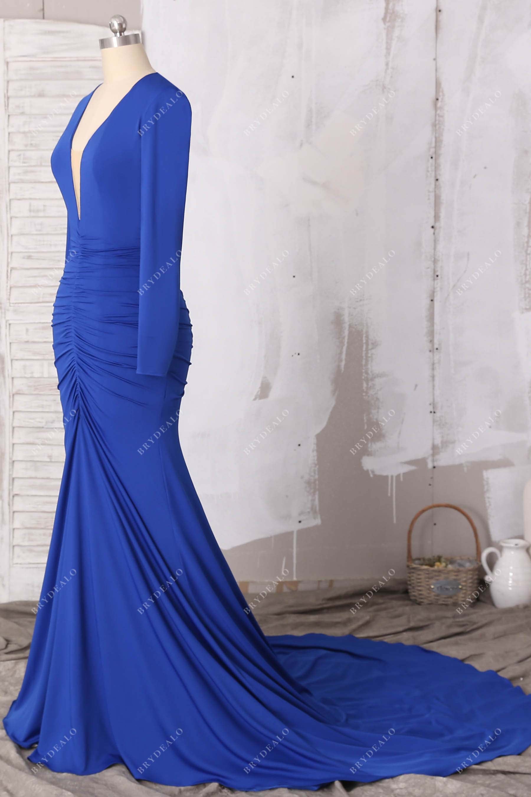 long sleeves pleated jersey mermaid gown