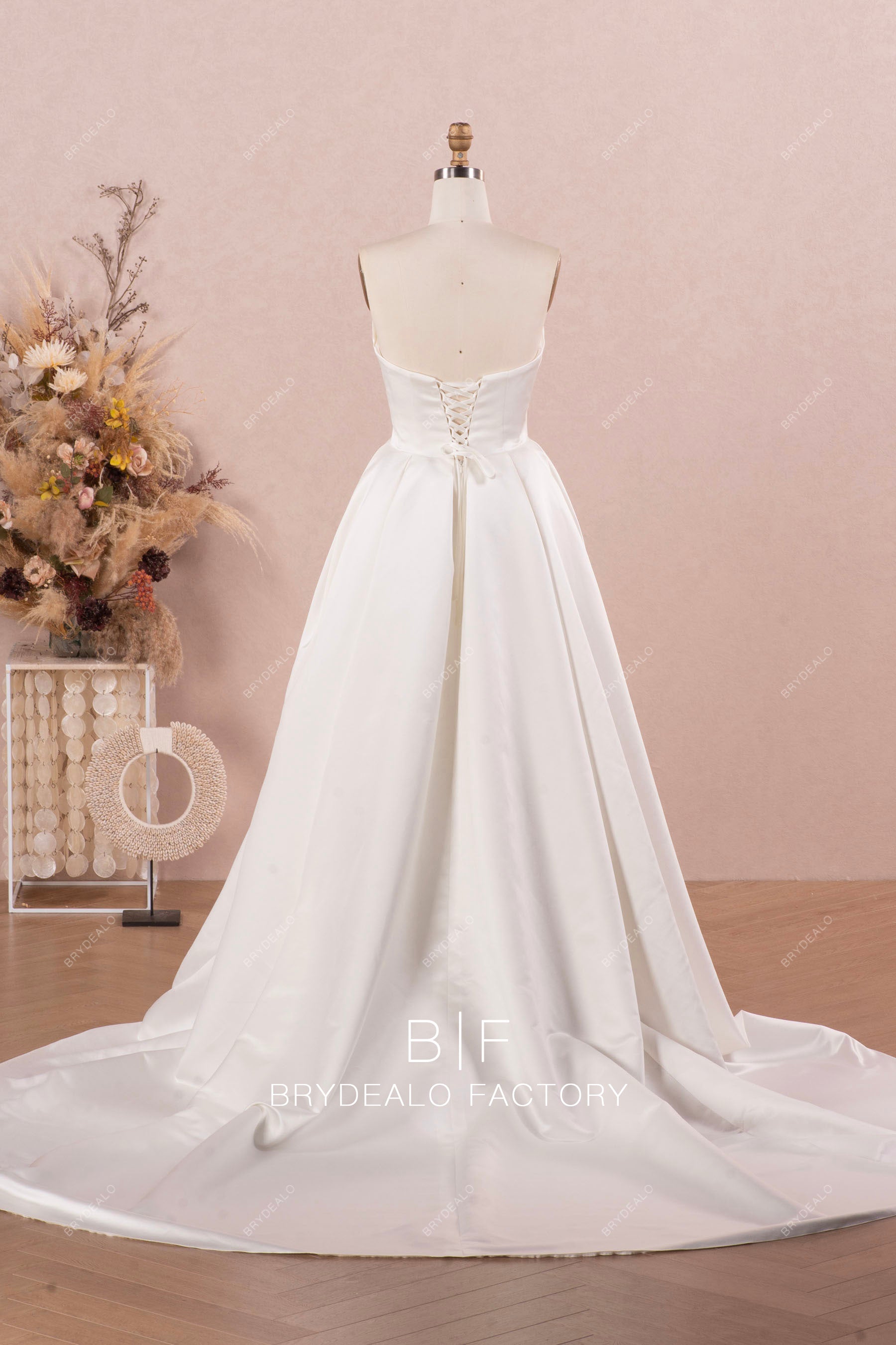 long strapless lace up back satin wedding dress
