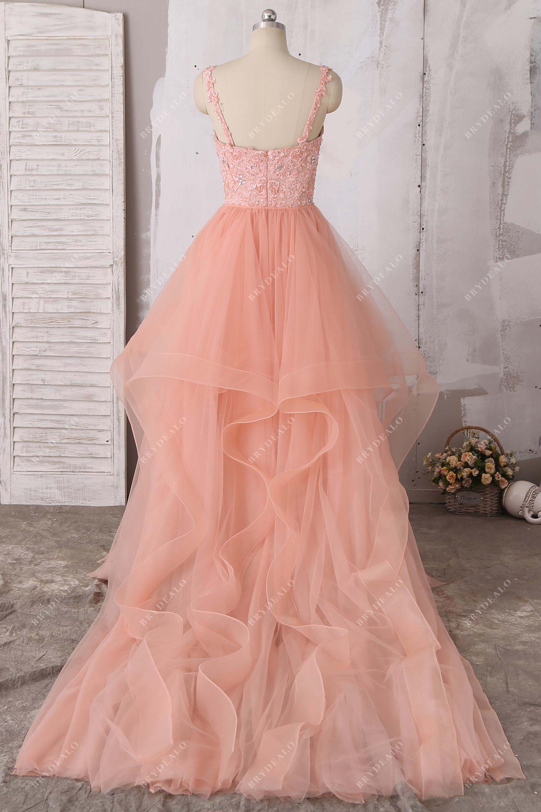 long train peach tulle lace prom dress