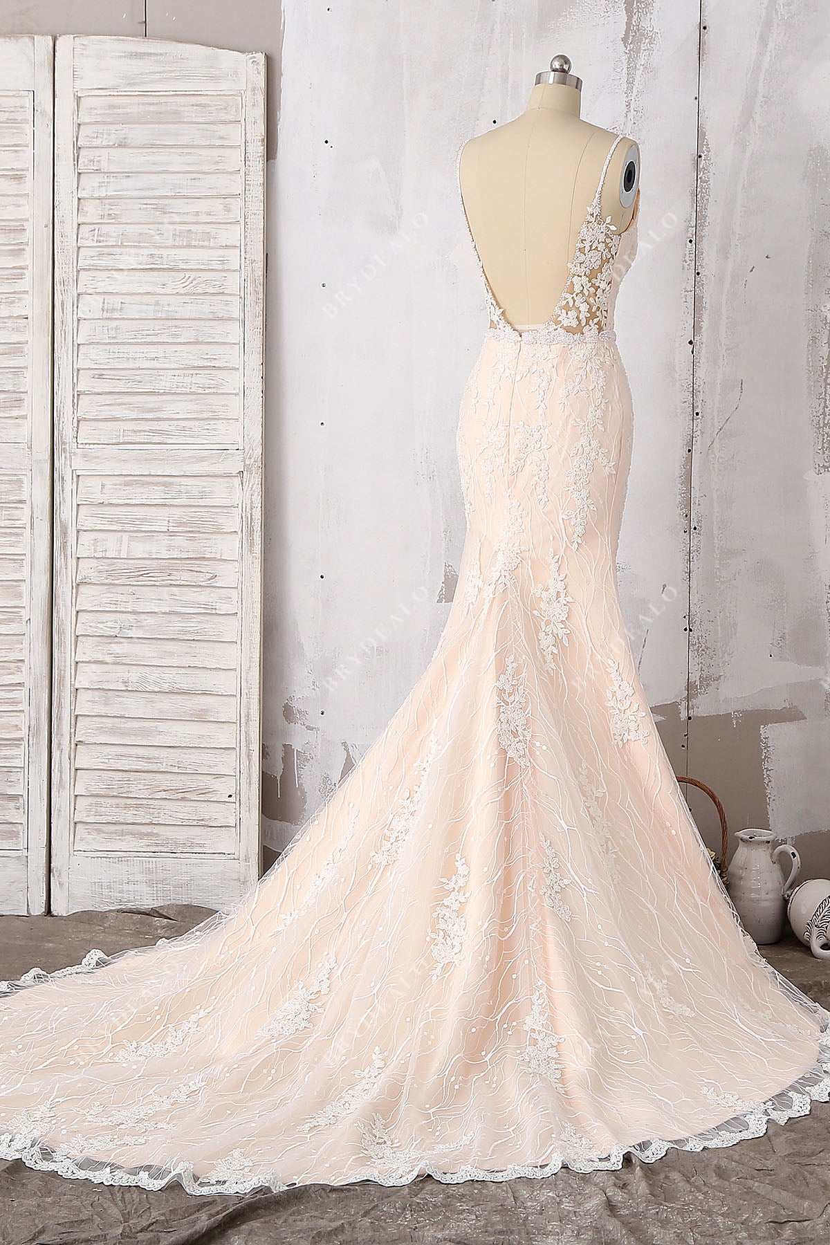 low back beaded lace curved spaghetti straps bridal gown