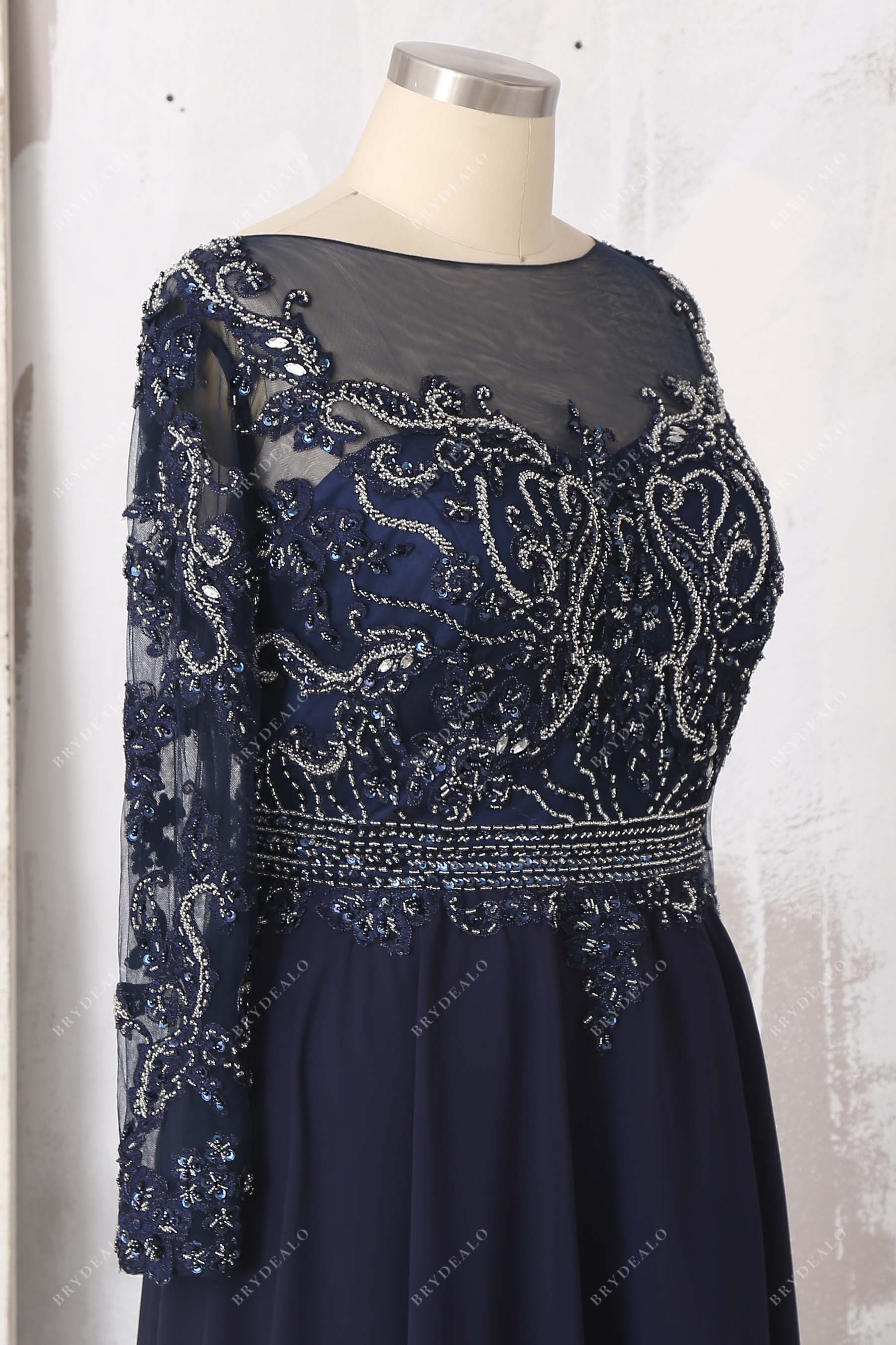 luxury beaded illusion neck long sleeves dress