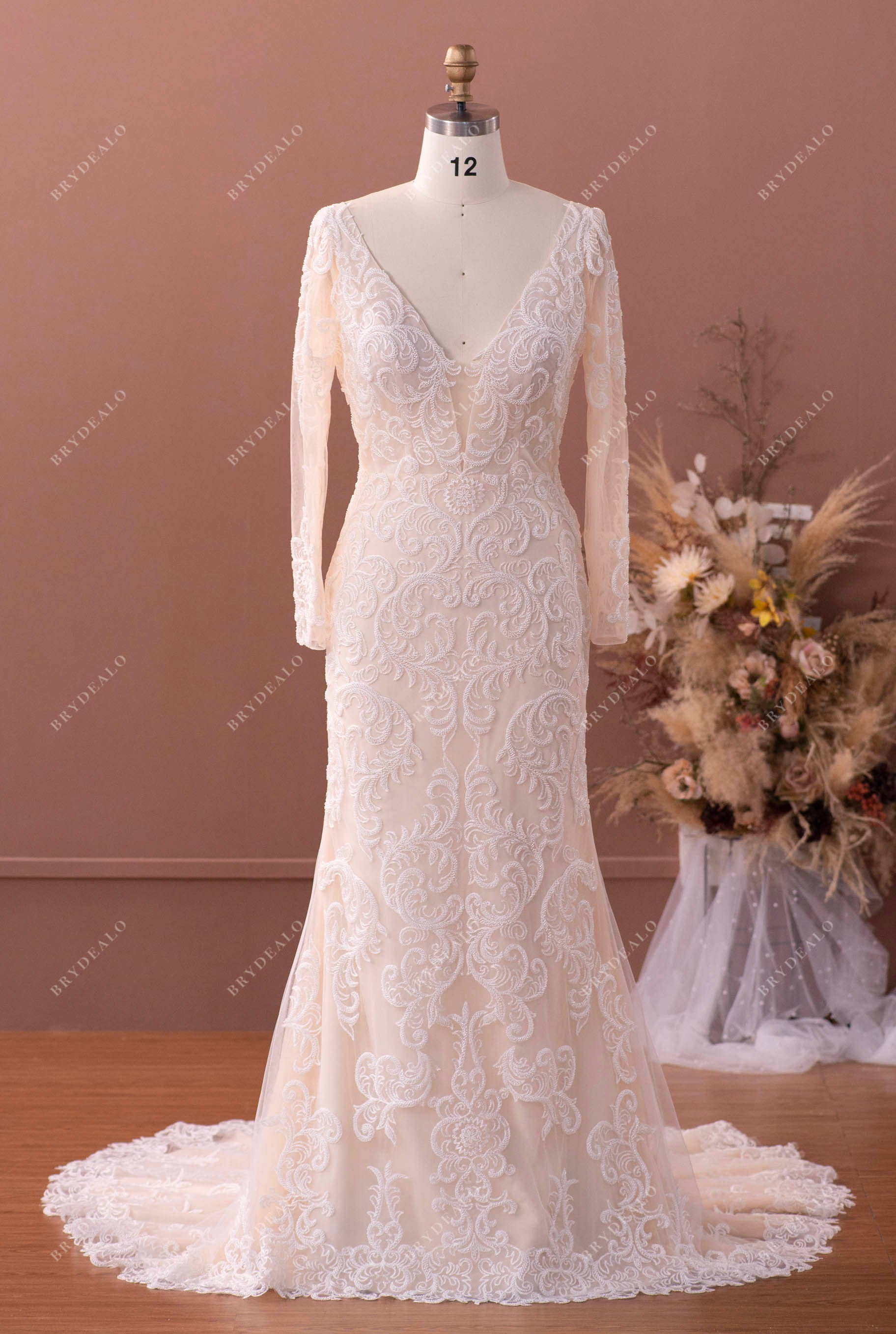Luxury Beaded Lace Sleeved Mermaid Wedding Dress Light Champagne Luxury Beaded Lace Sleeved Mermaid Wedding Dress Light Champagne