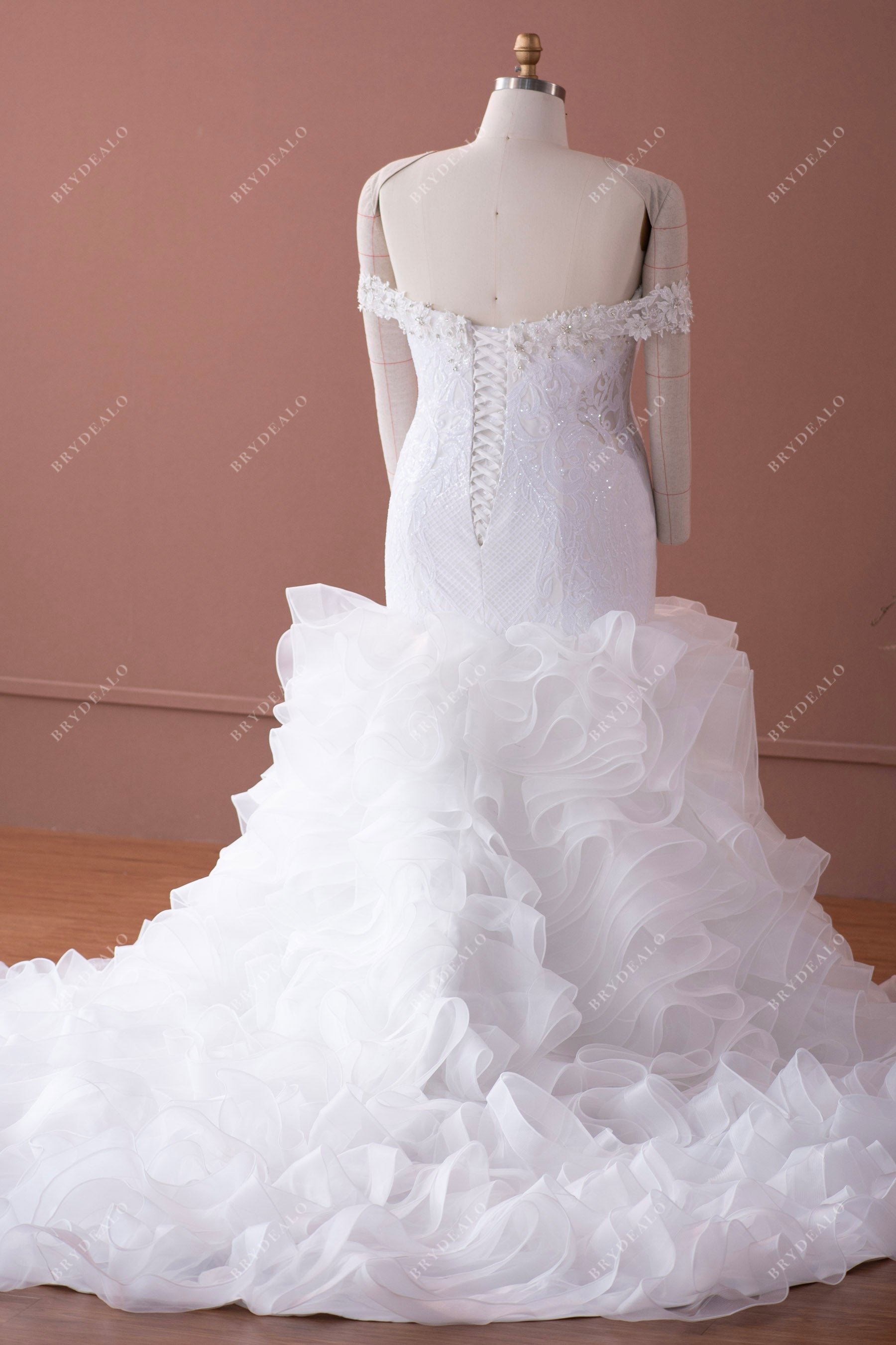luxury off shoulder ruffled organza wedding dress
