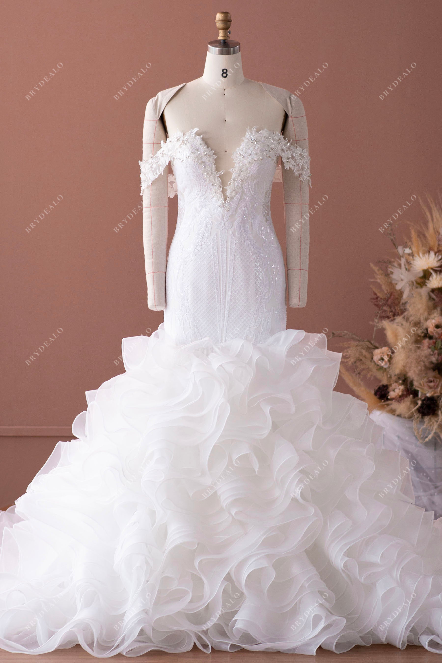 luxury off shoulder sequin lace ruffled wedding dress