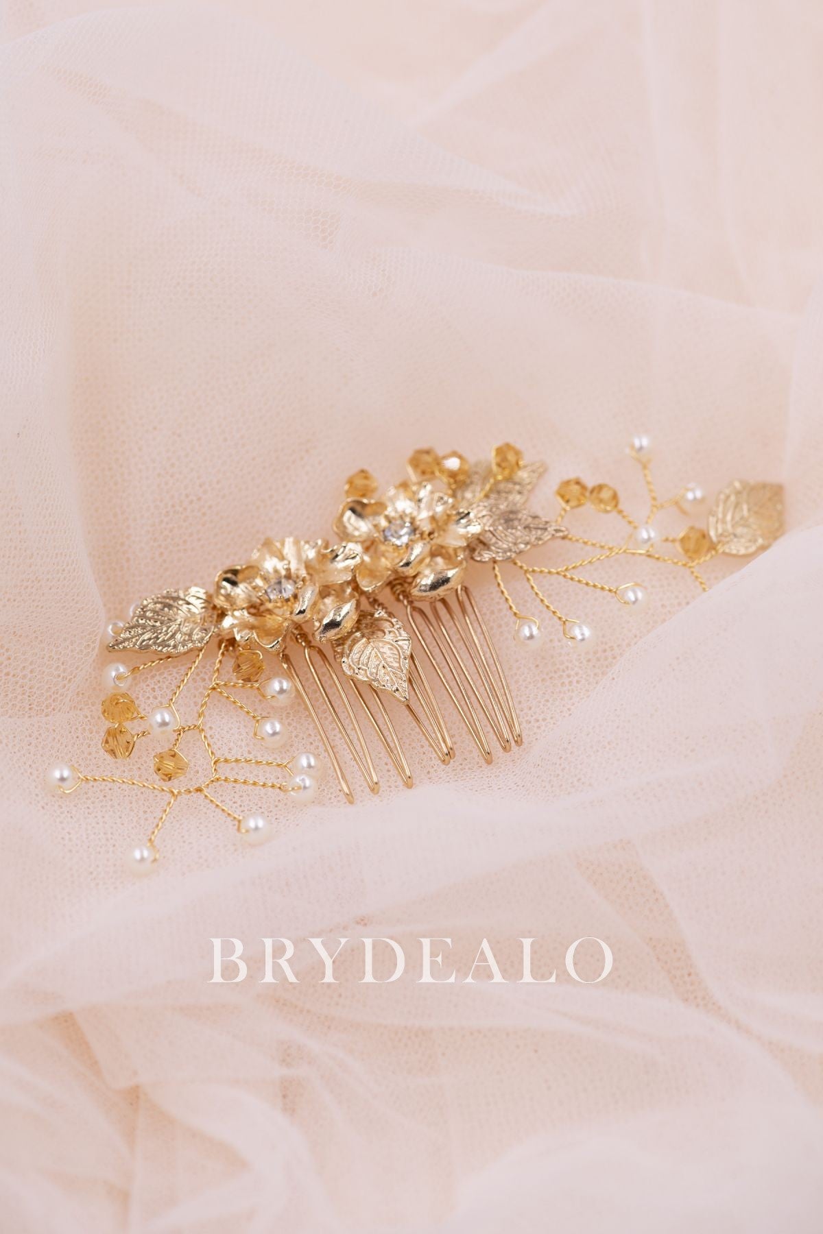 Luxury Pearls Gold Leaf Bridal Comb for Wholesale