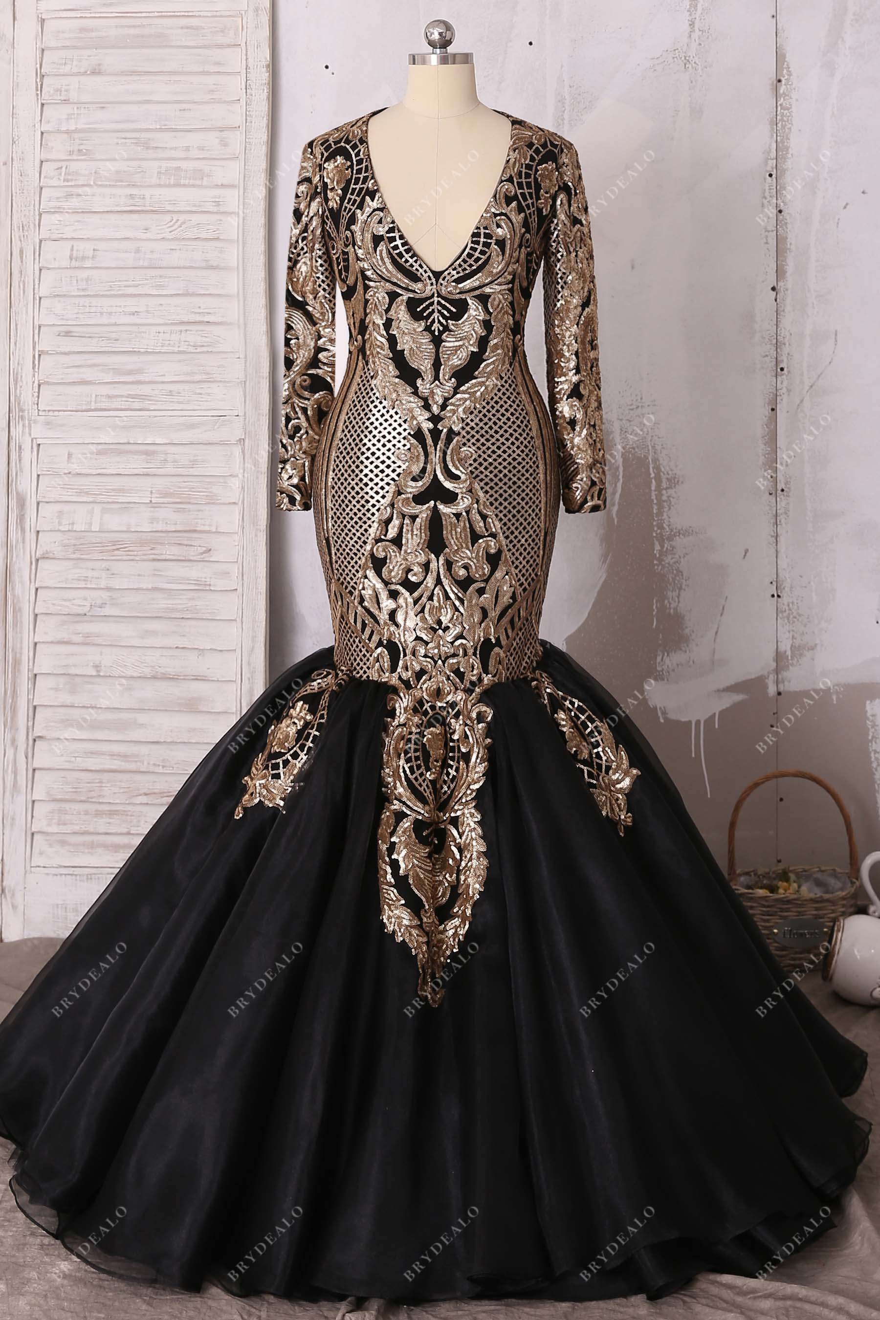 matte gold sequin black organza trumpet prom dress