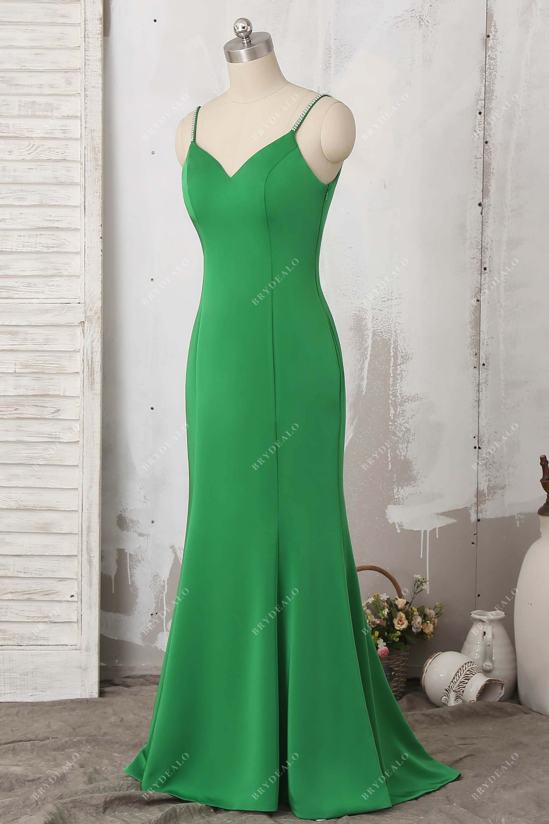 mermaid green satin sleeveless prom dress