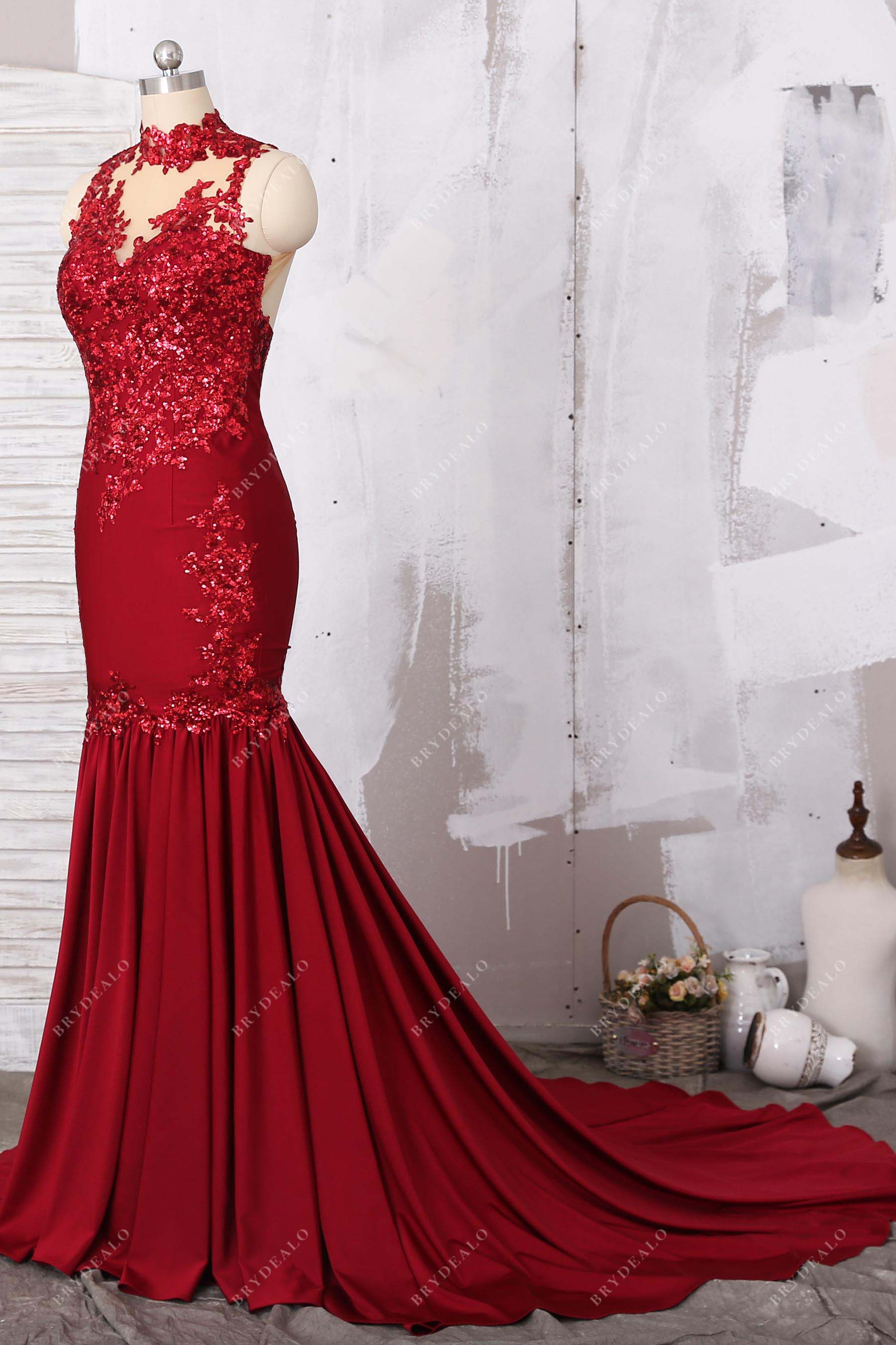 mermaid illusion neck burgundy prom gown