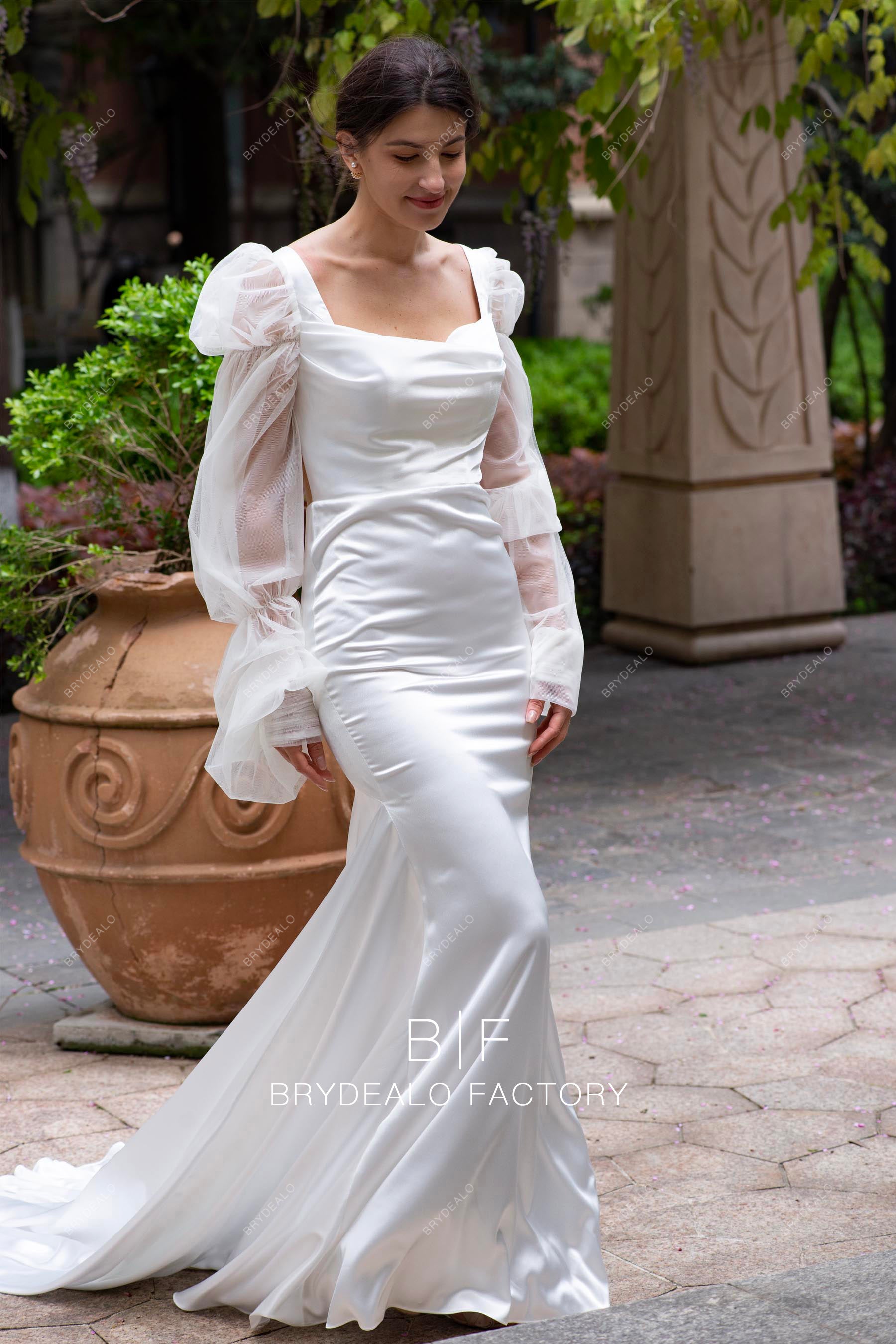 Illusion Bubble Sleeve Satin Mermaid Wedding Dress Illusion Bubble Sleeve Satin Mermaid Wedding Dress