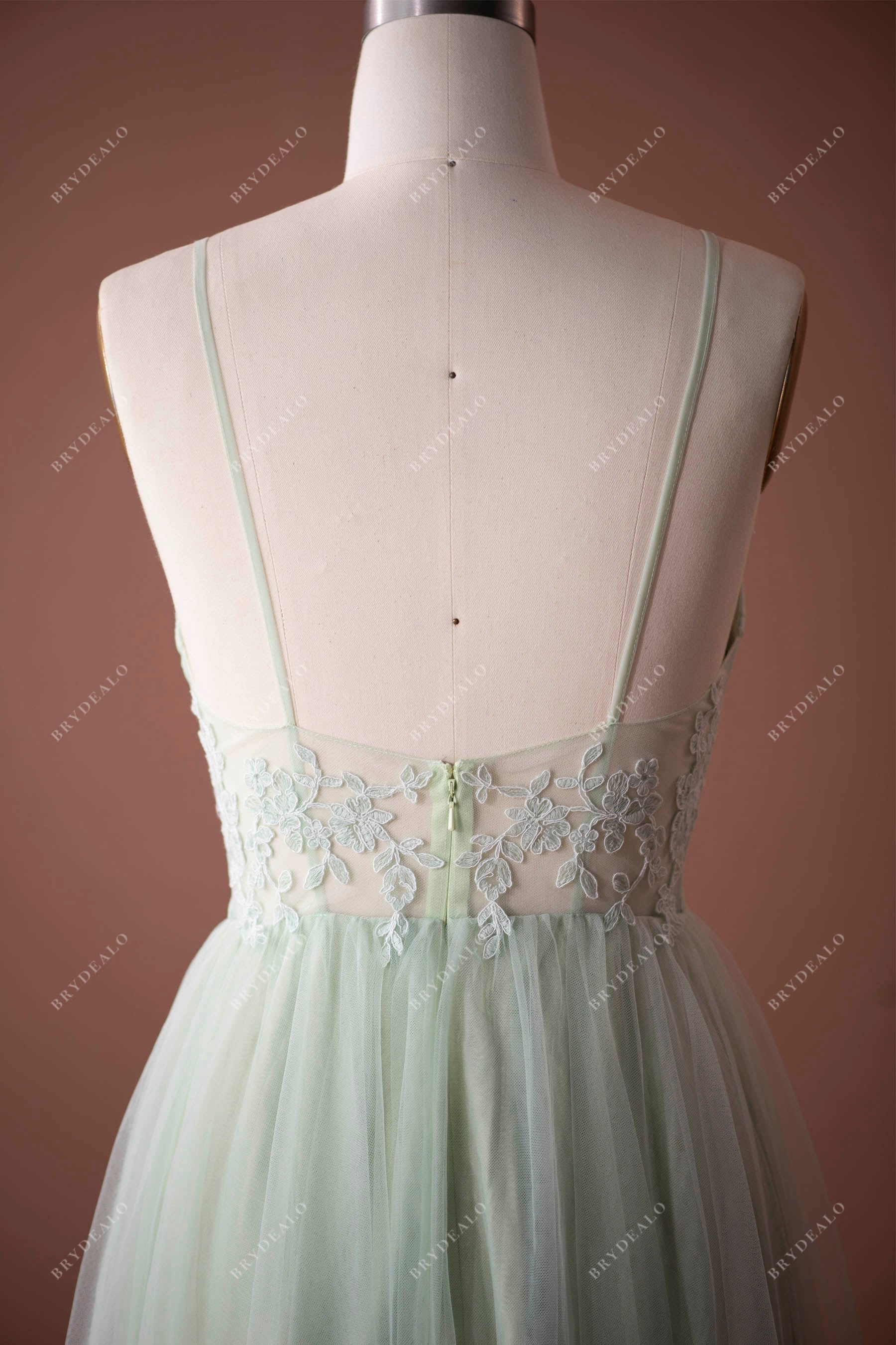 Mint Green Lace Tulle Thin Strap Weave Bridesmaid Dress