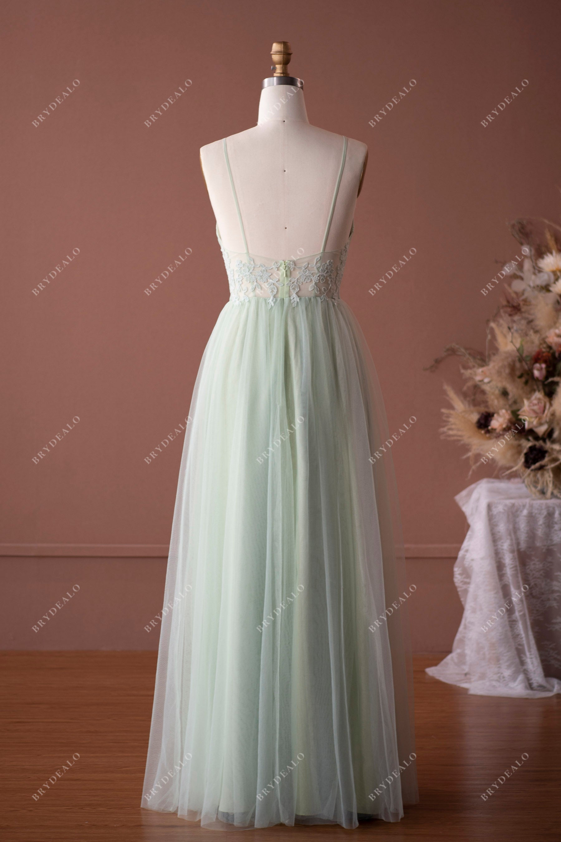 Mint Green Lace Tulle Thin Strap Bridesmaid Dress