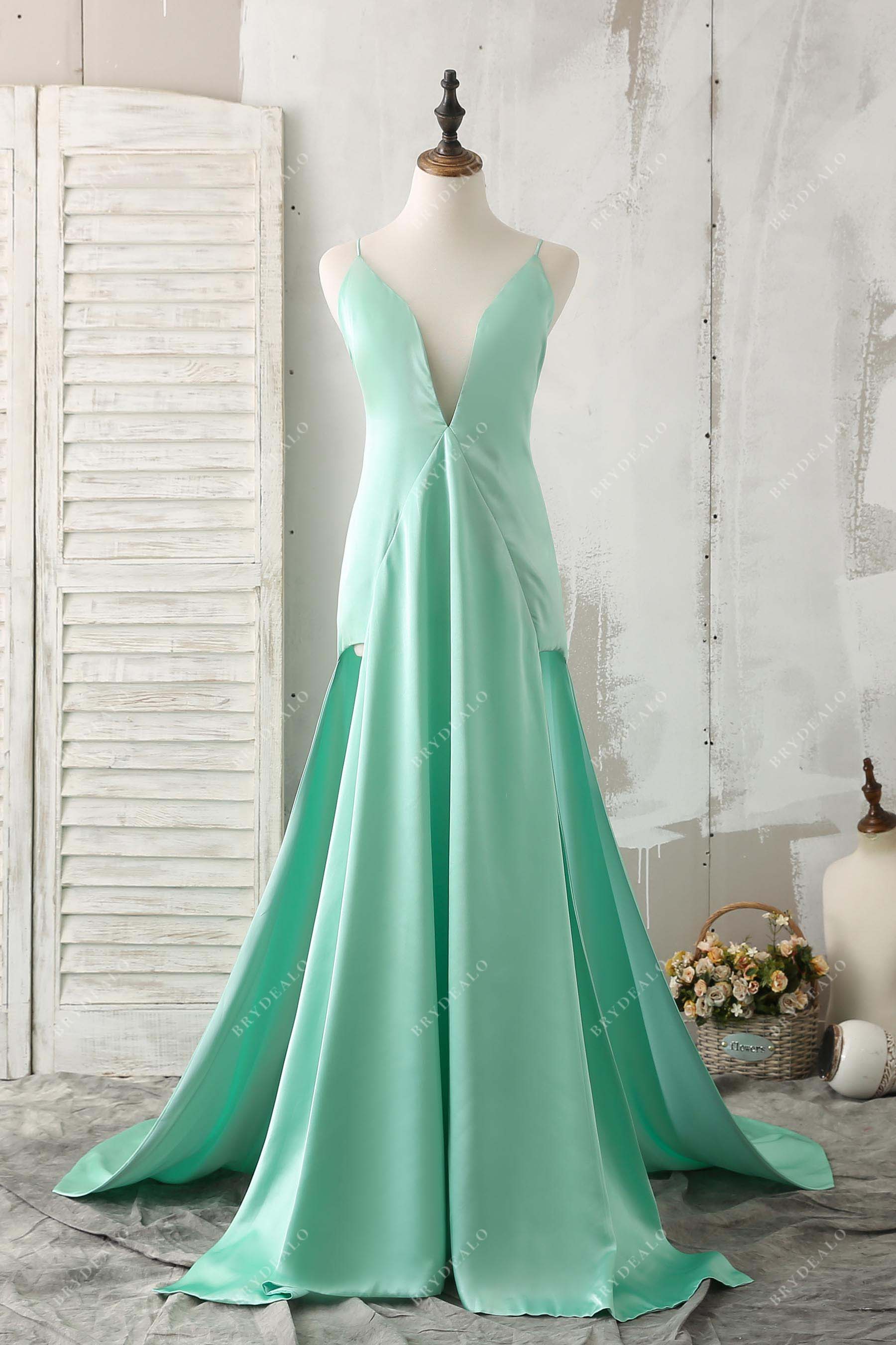 mint satin plunging V-neck prom dress