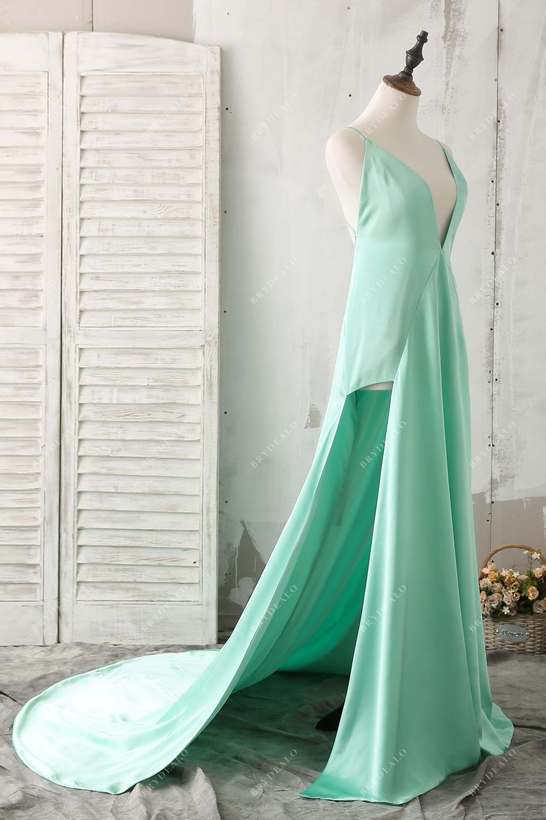 mint satin sexy slit prom gown