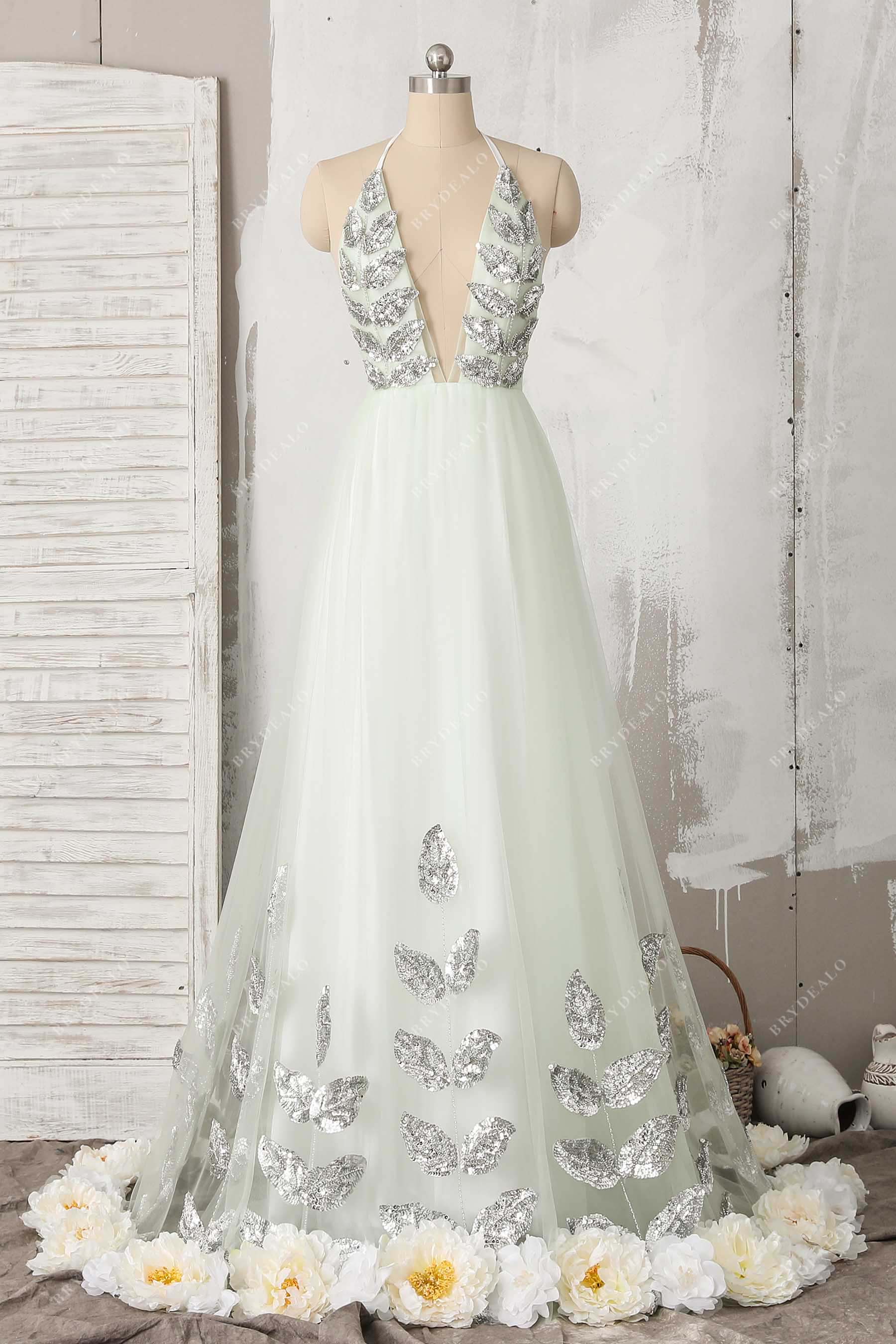 white wedding dress with green leaves Green Leaf Embroidered White Tulle Gown with V-Neck and Flutter Sleeves Ivory / Above Knee / Custom Size