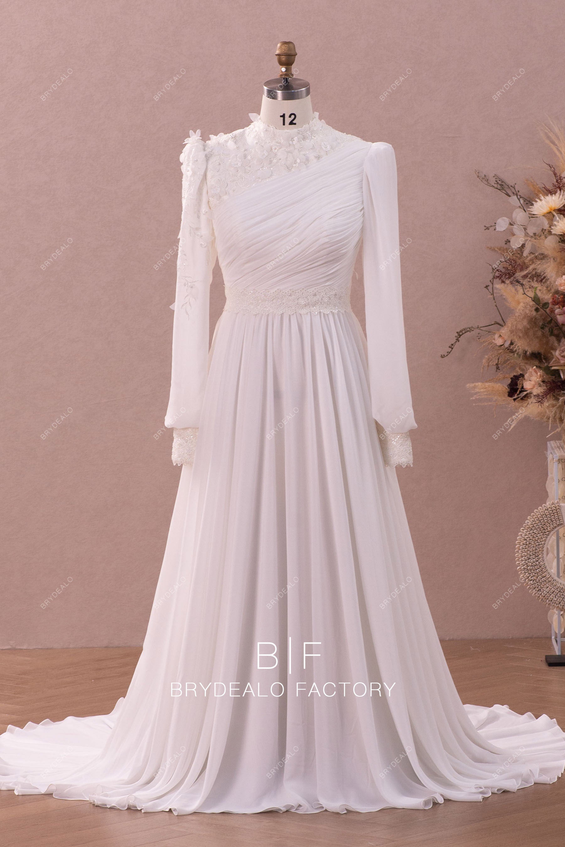 muslim flower lace chiffon wedding dress