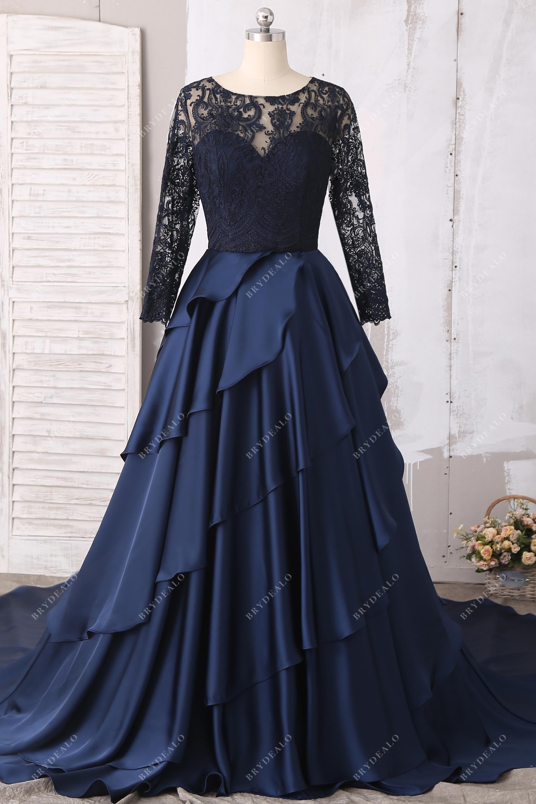 navy beaded lace ruffled satin ball gown wedding dress