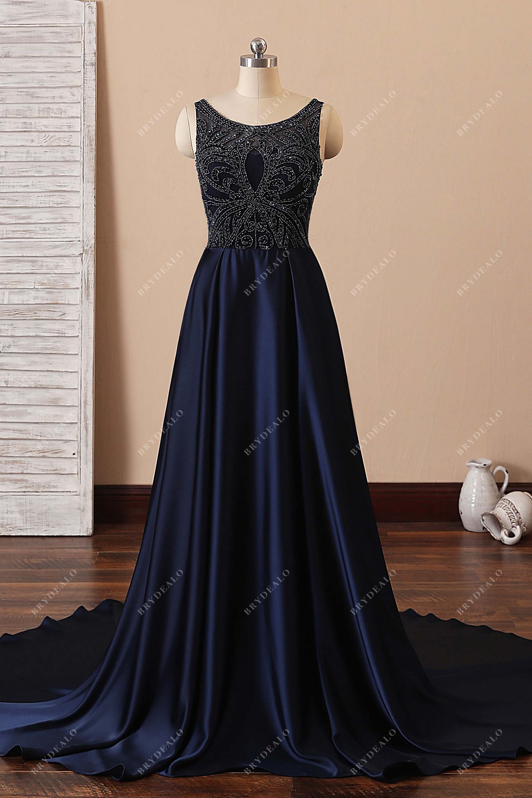 navy blue illusion neck beaded A-line satin prom dress