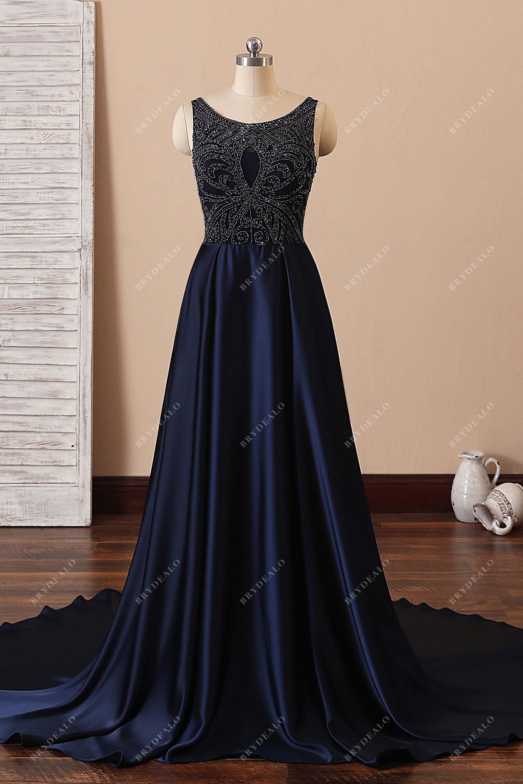 navy blue prom dress satin A Line V Neck Navy Blue Satin Long Prom Dress Formal Dress PSK043 US10 / Navy Blue