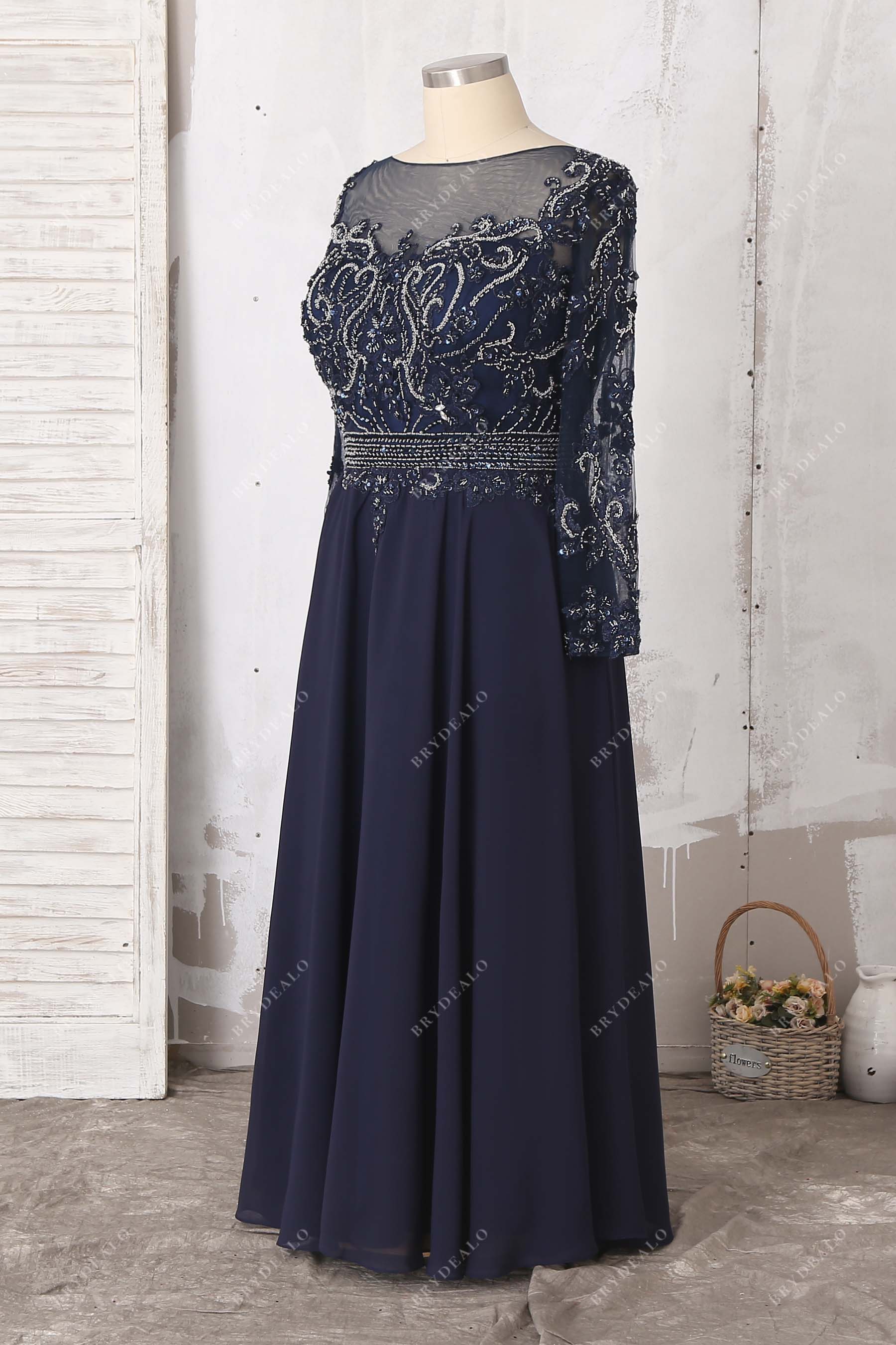 navy chiffon beading embellished illusion neck gown