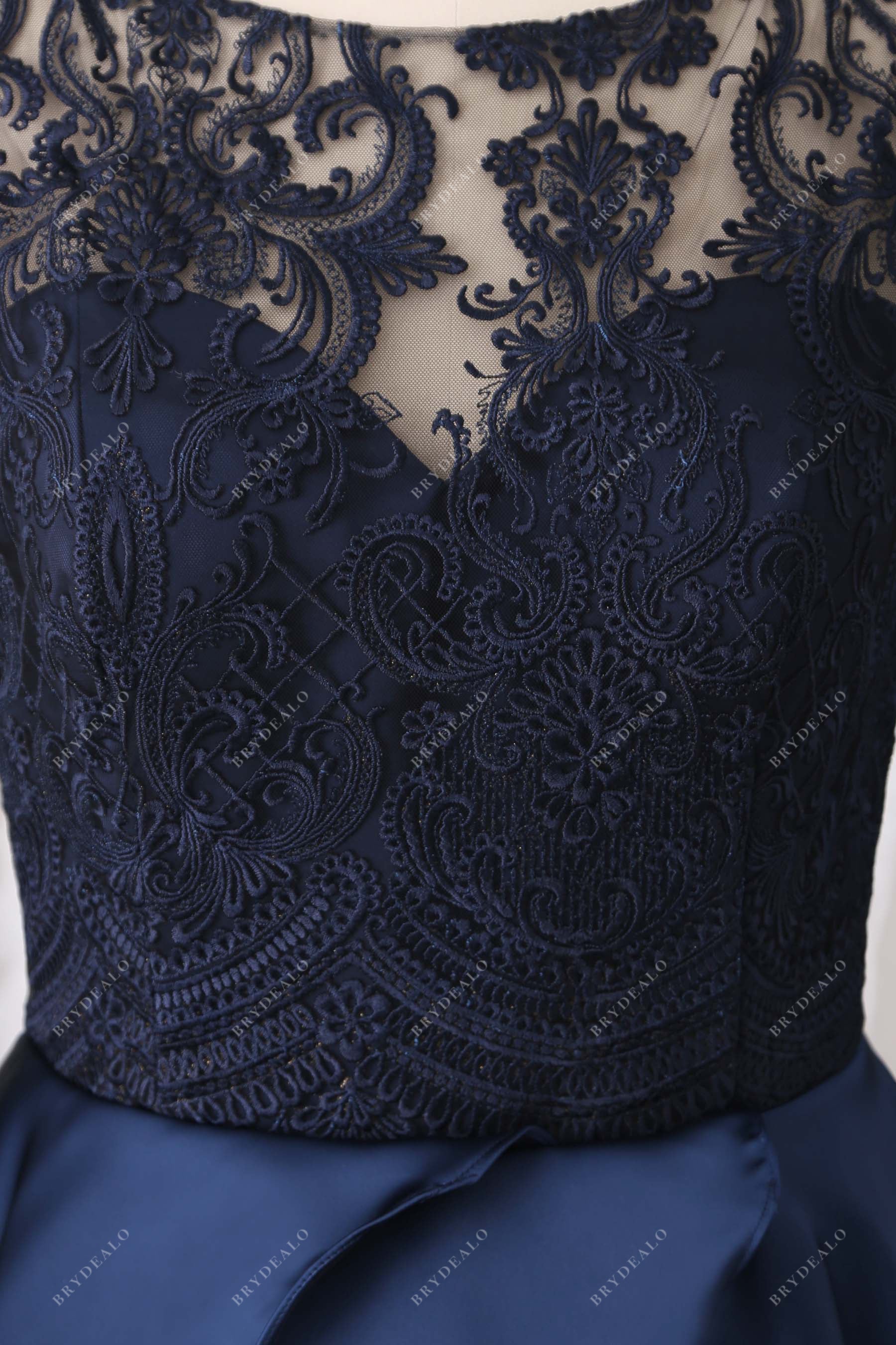 navy lace boat neck overlaid sweetheart satin bridal gown