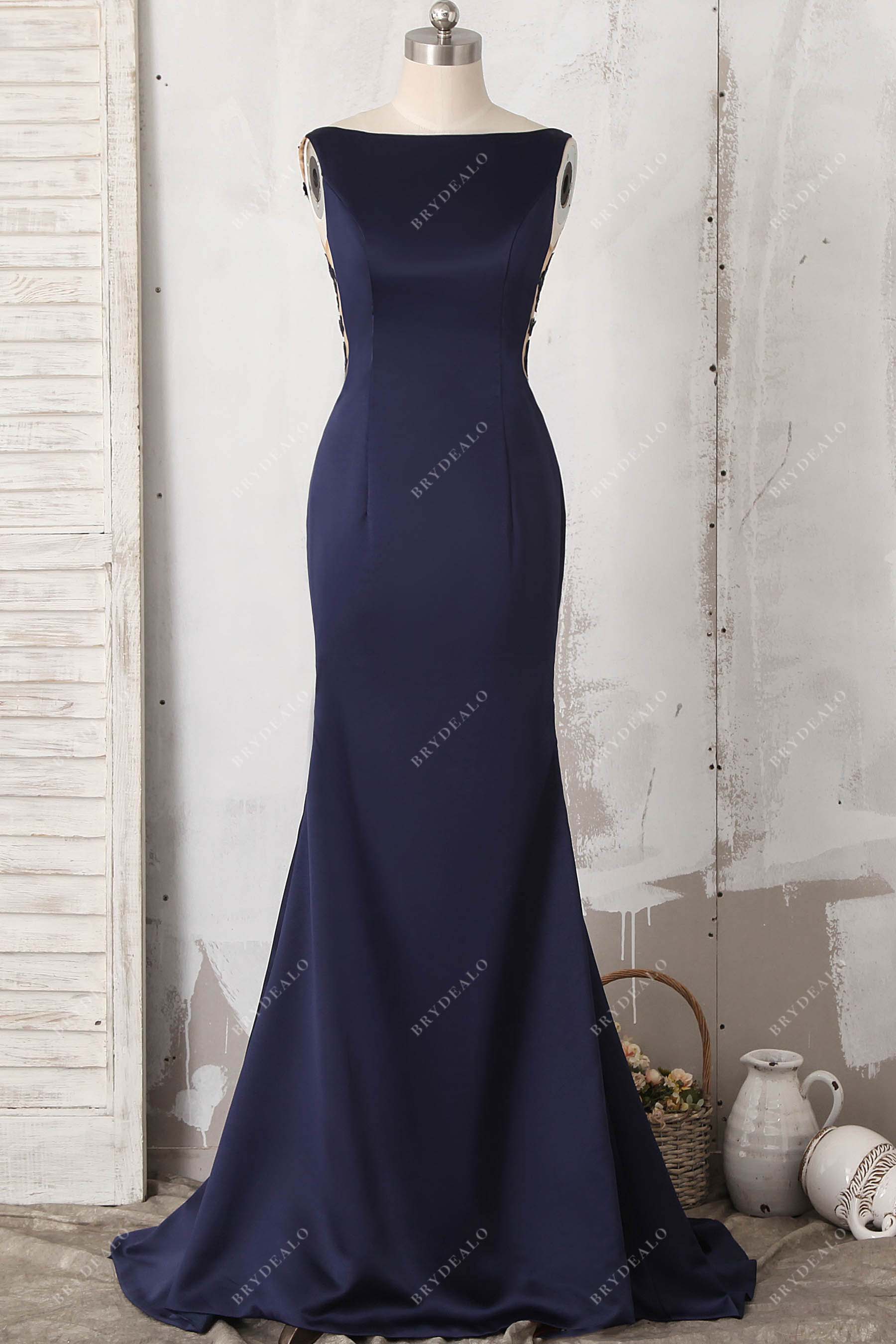 navy satin mermaid dress