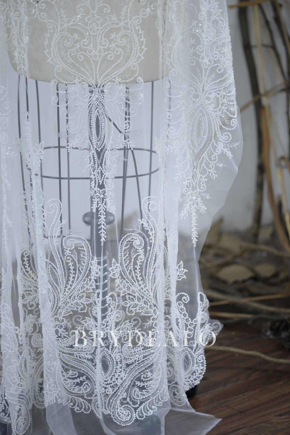 Beaded Symmetrical Abstract Lace Fabric