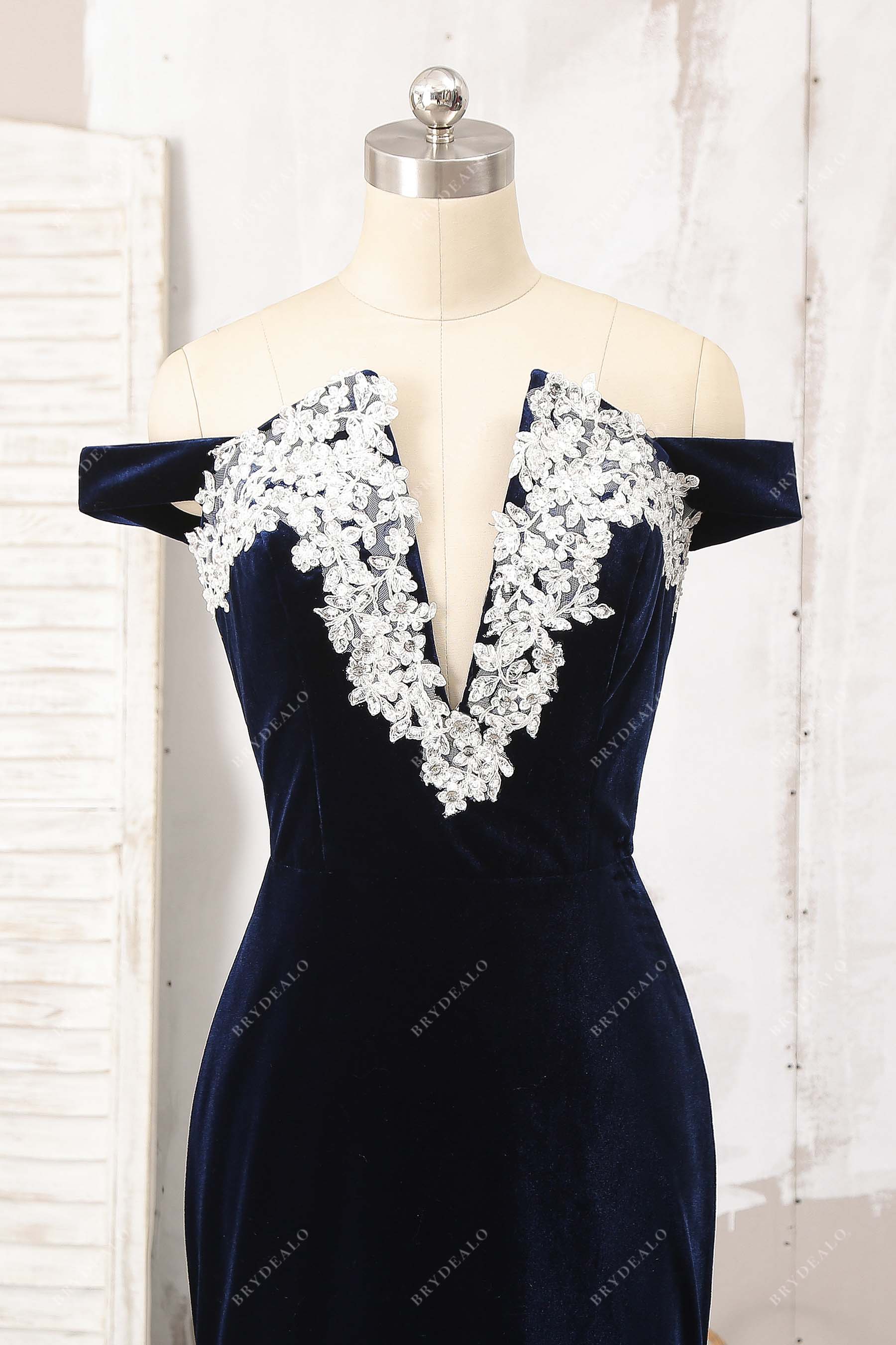 off-shoulder V-neck gown