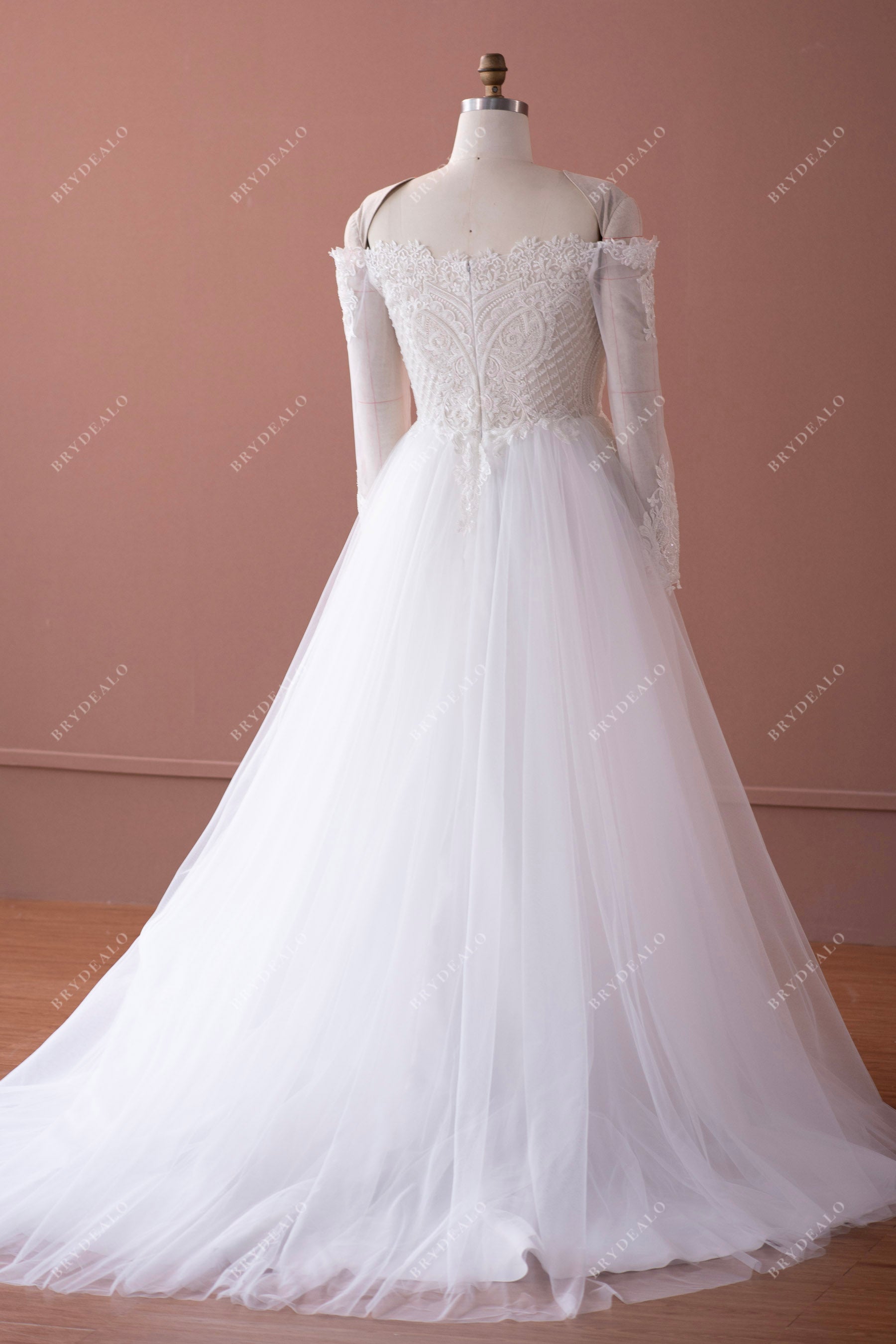 off shoulder beaded lace tulle A-line wedding dress