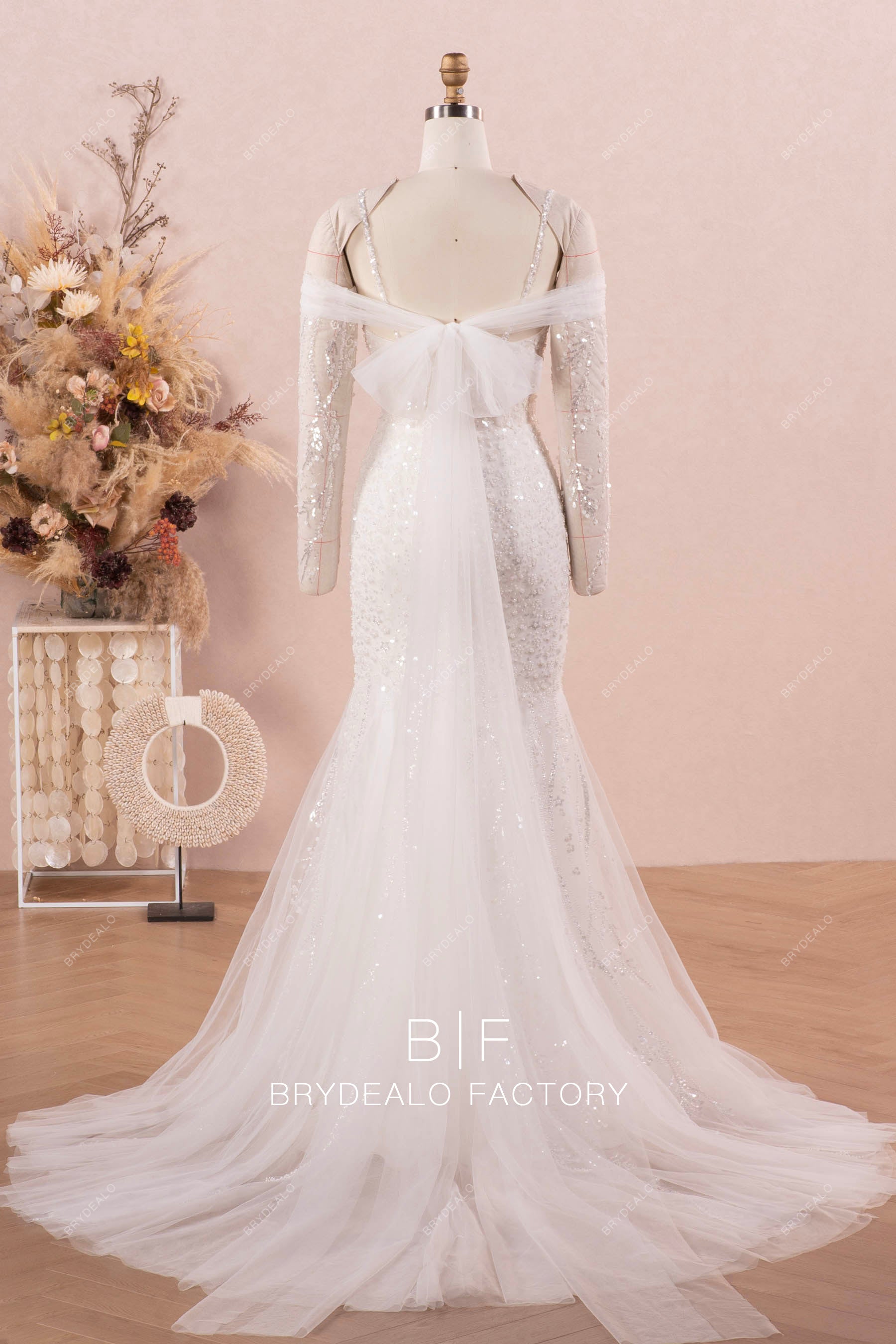 off shoulder bowknot long sleeve mermaid wedding dress