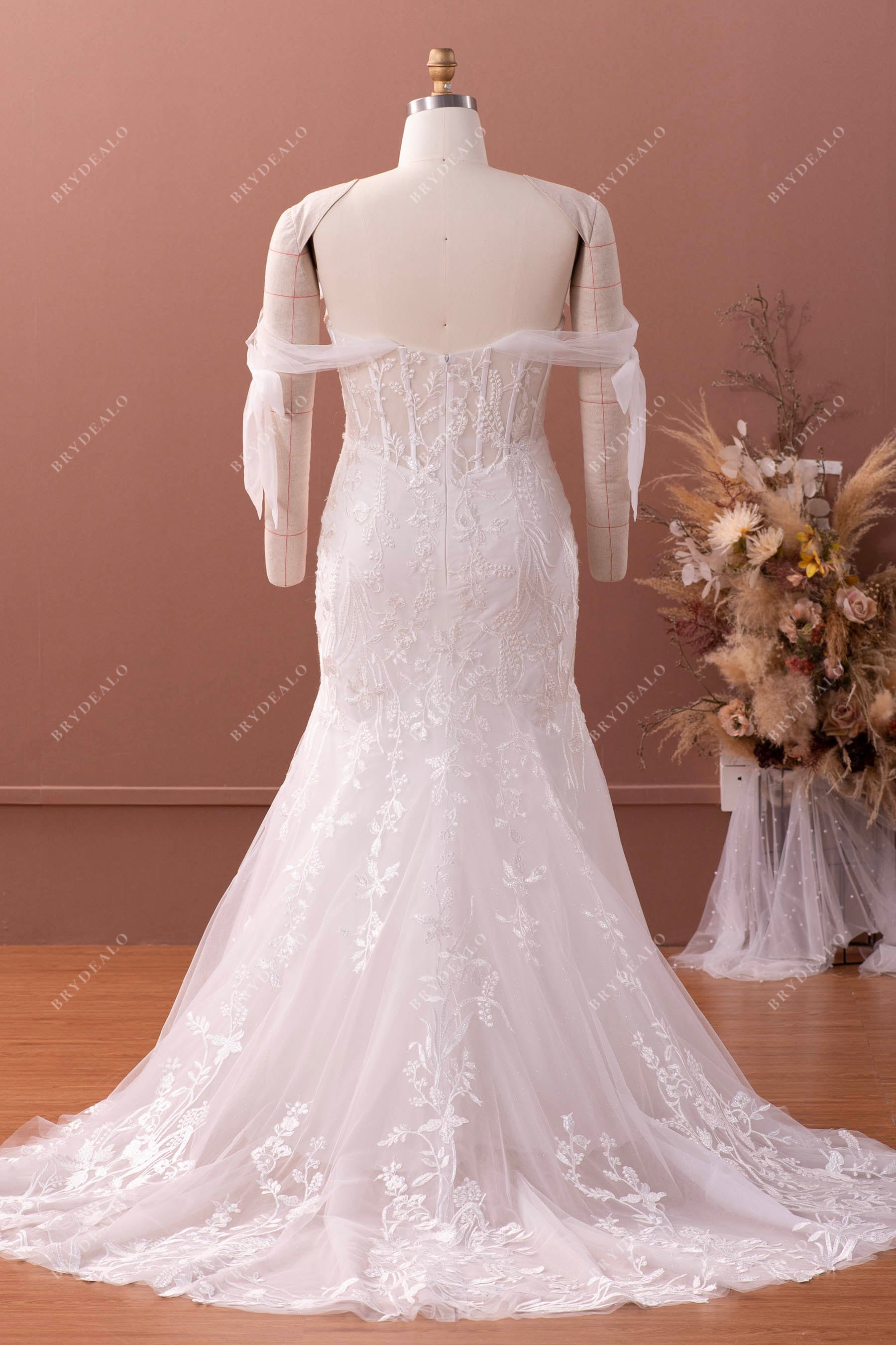 off shoulder illusion corset back bridal gown