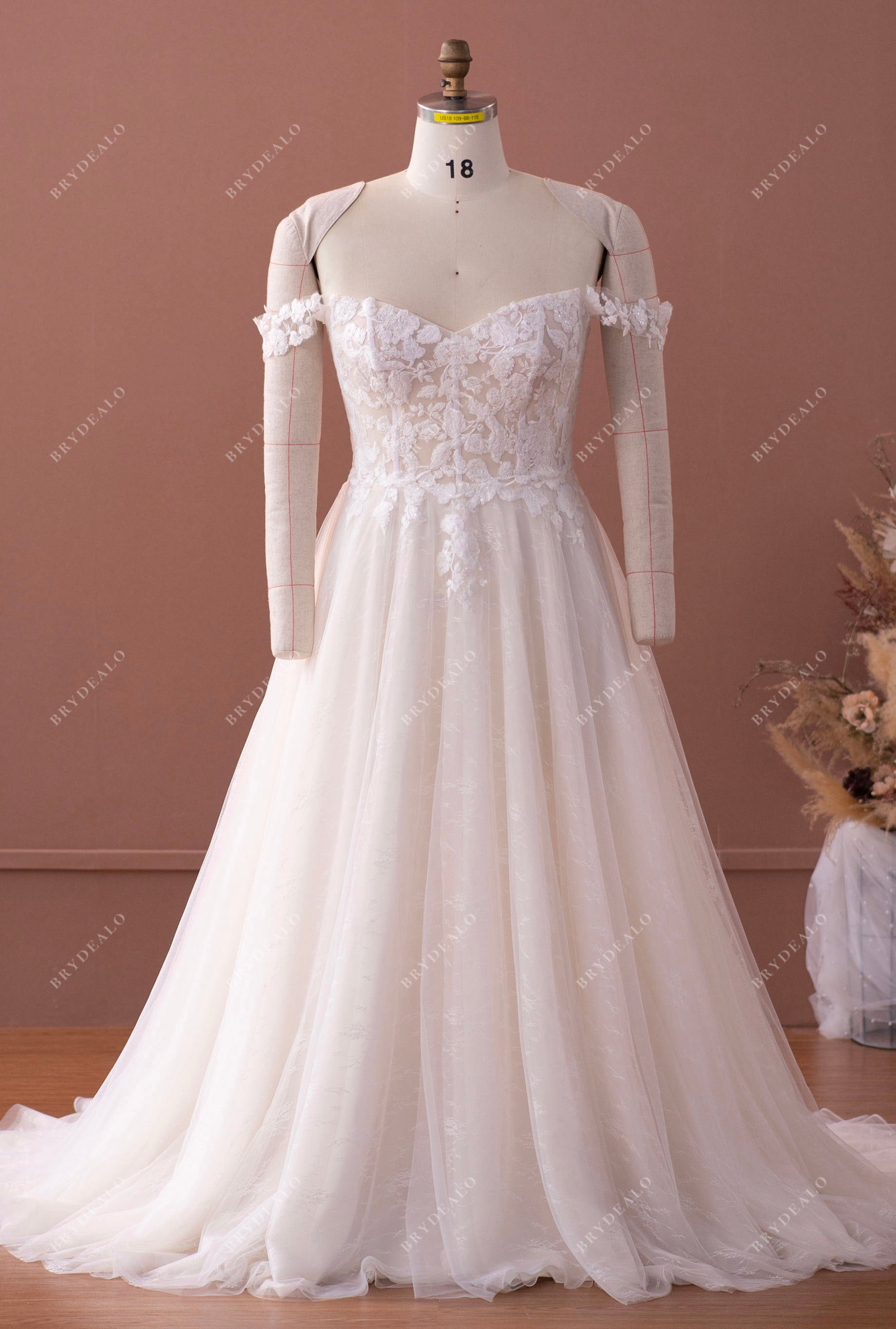 Plus Size Off Shoulder Light Champagne Lace Wedding Dress Light Ivory