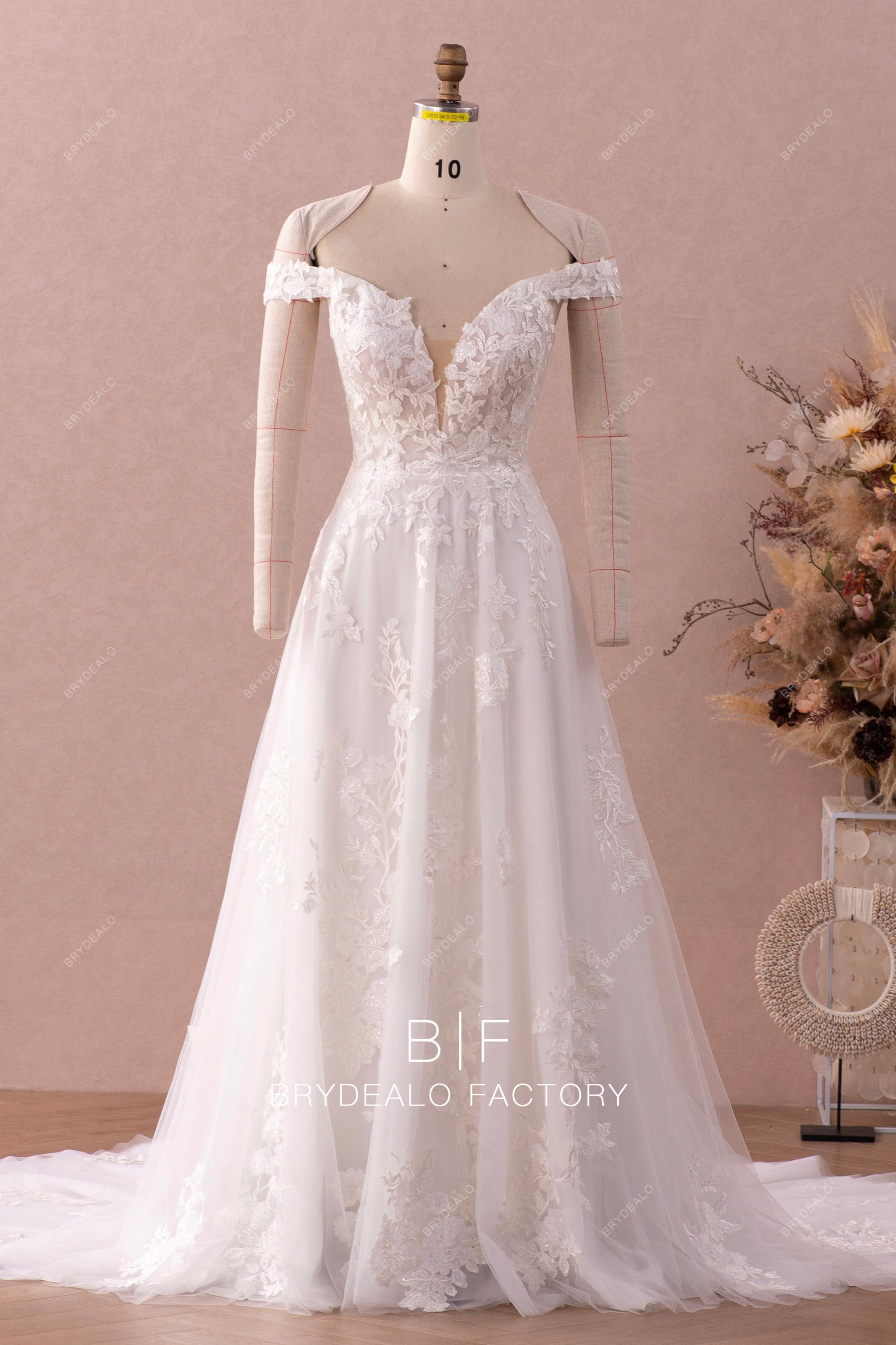 off shoulder lace shimmery A-line wedding dress