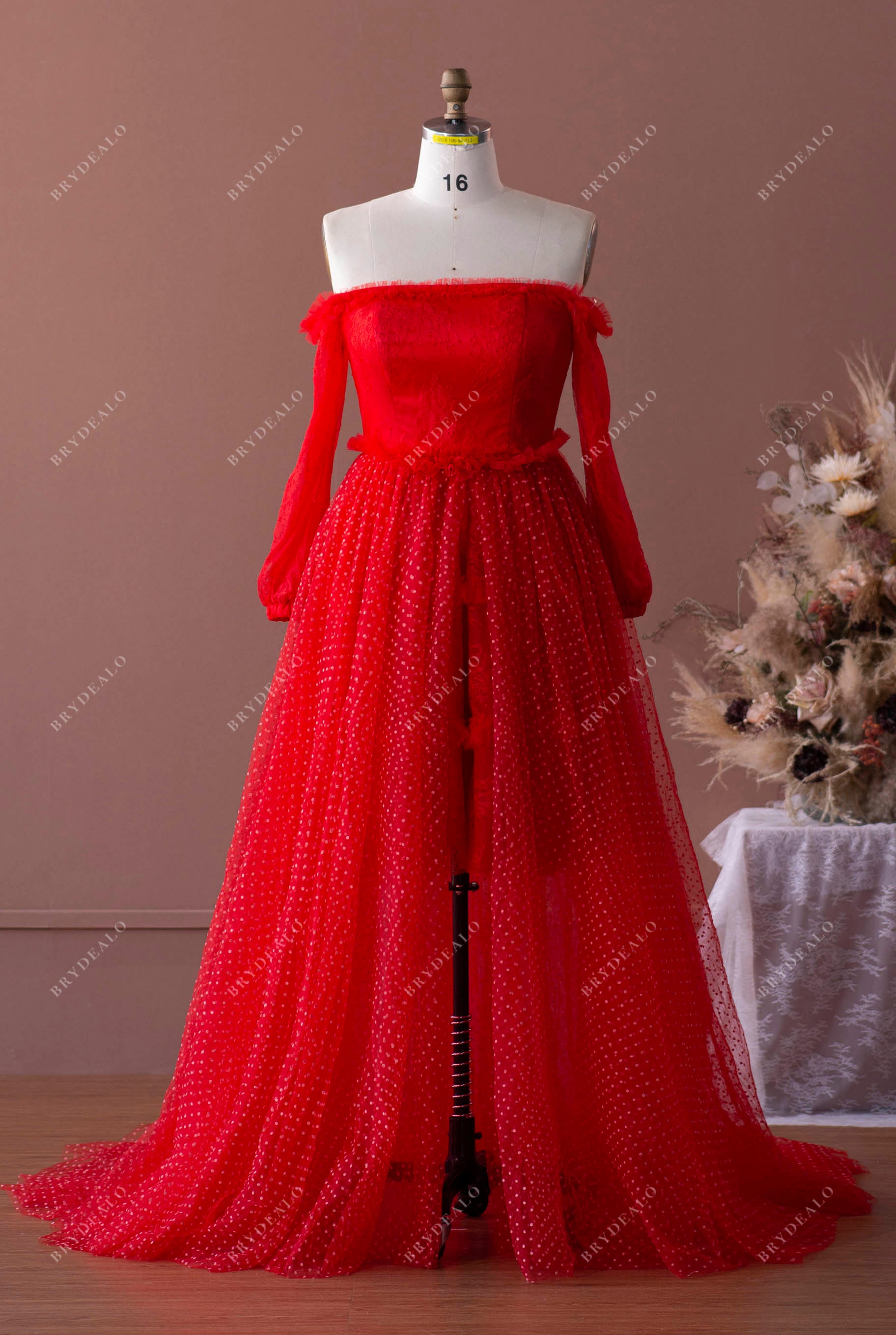 Red Off-shoulder Formal Dress with Dot Lace Overskirt Red Off-shoulder Formal Dress with Dot Lace Overskirt