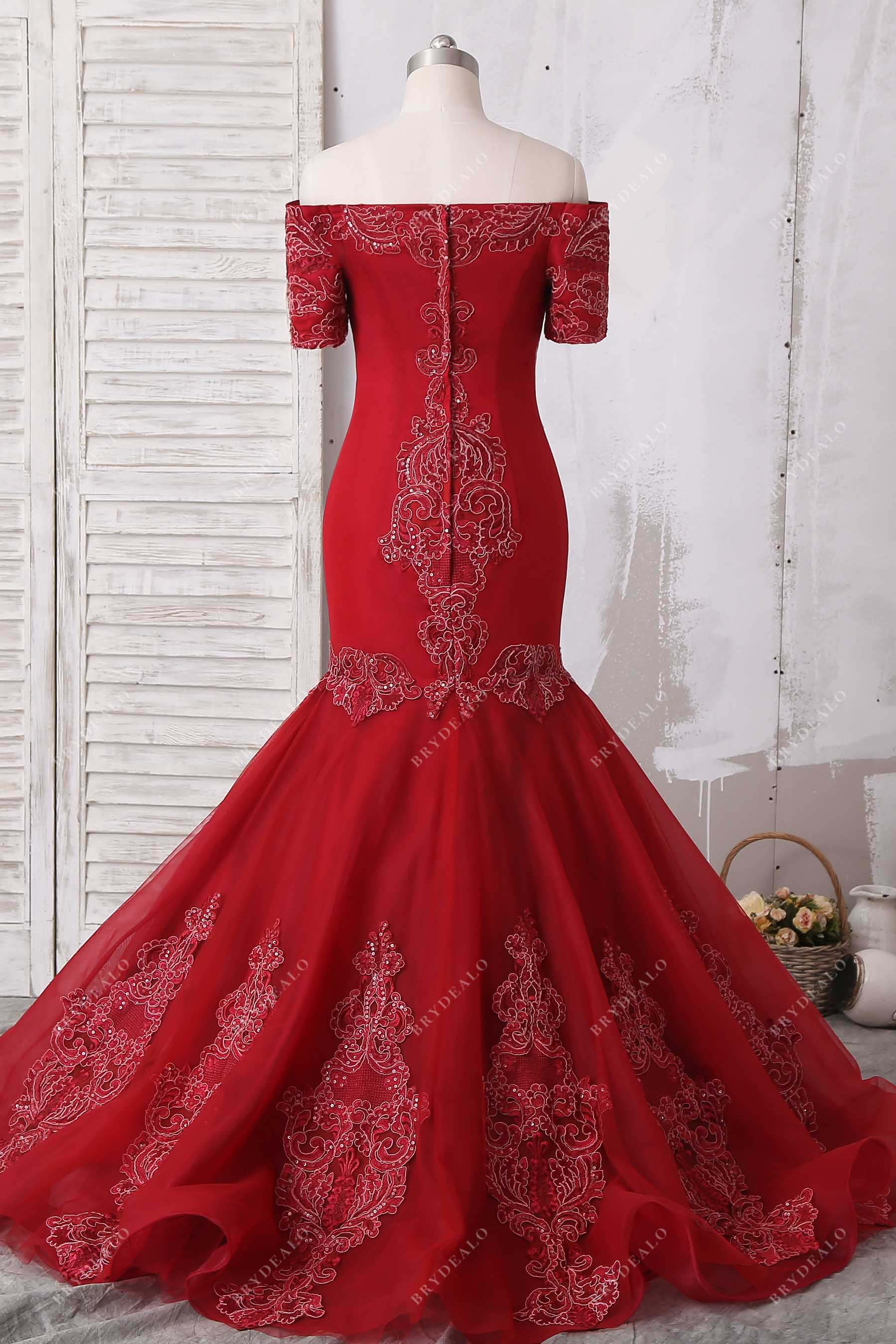 off-shoulder lace tulle trumpet prom gown