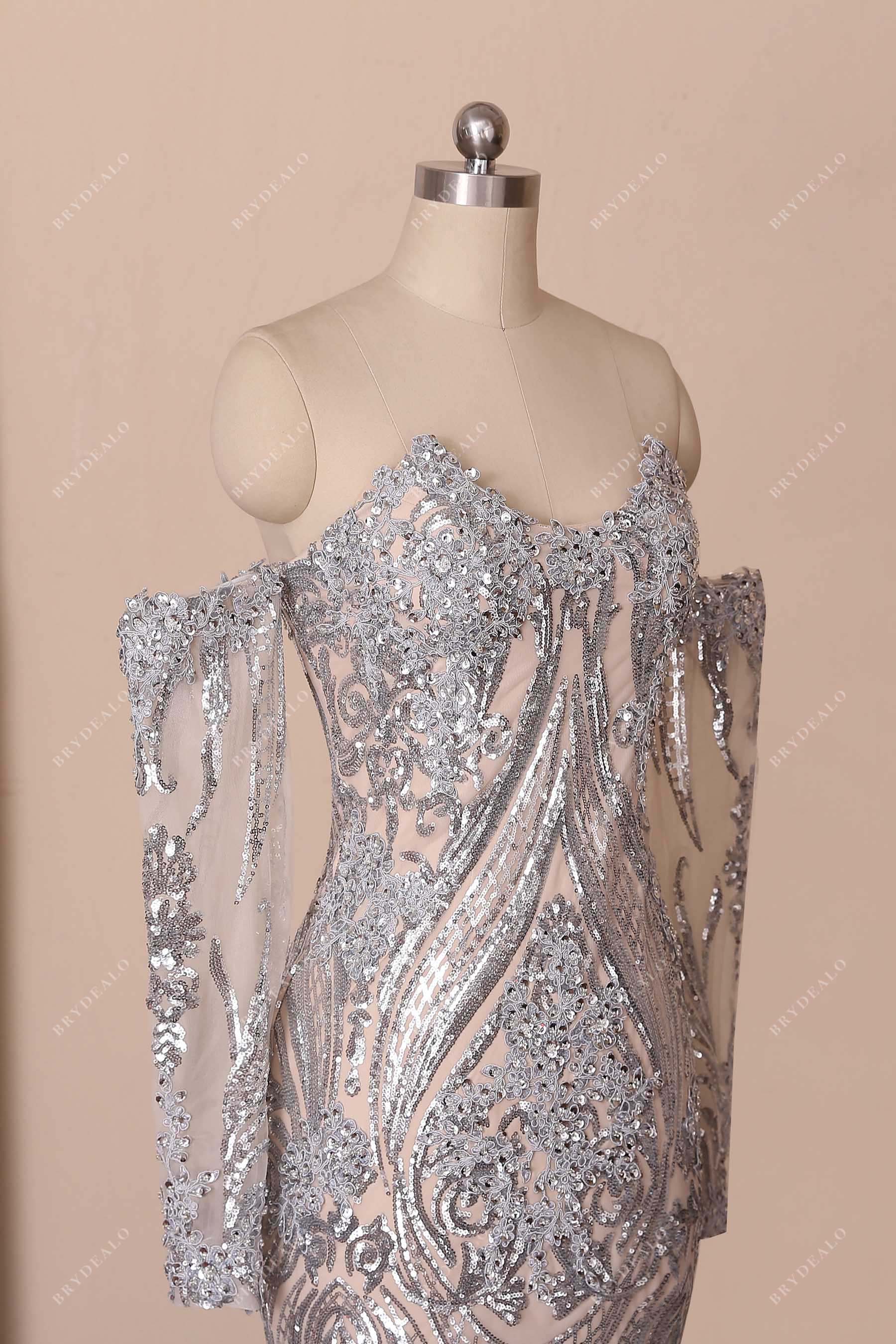 off-shoulder long sleeved prom dress