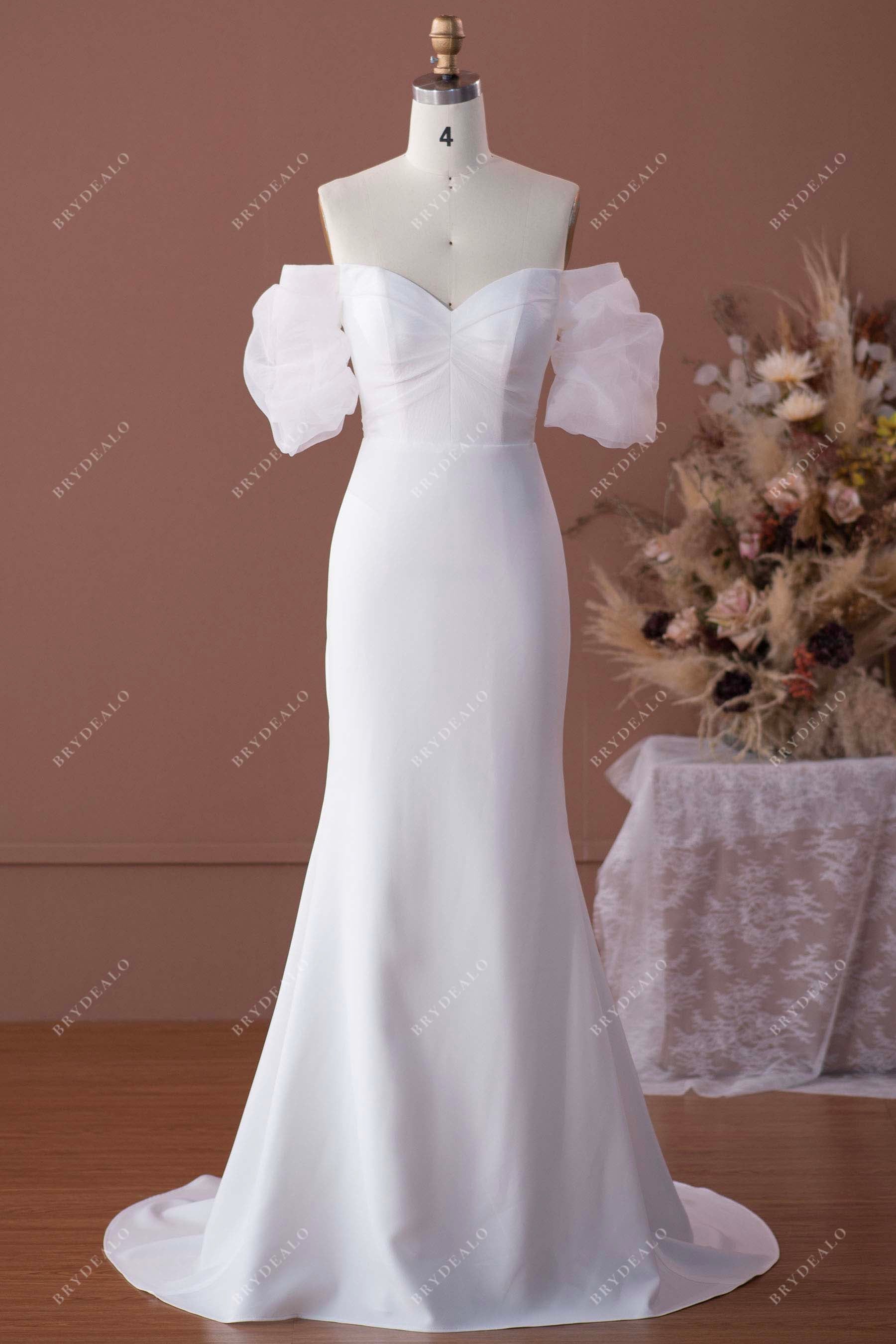 off-shoulder organza mermaid crepe bridal gown