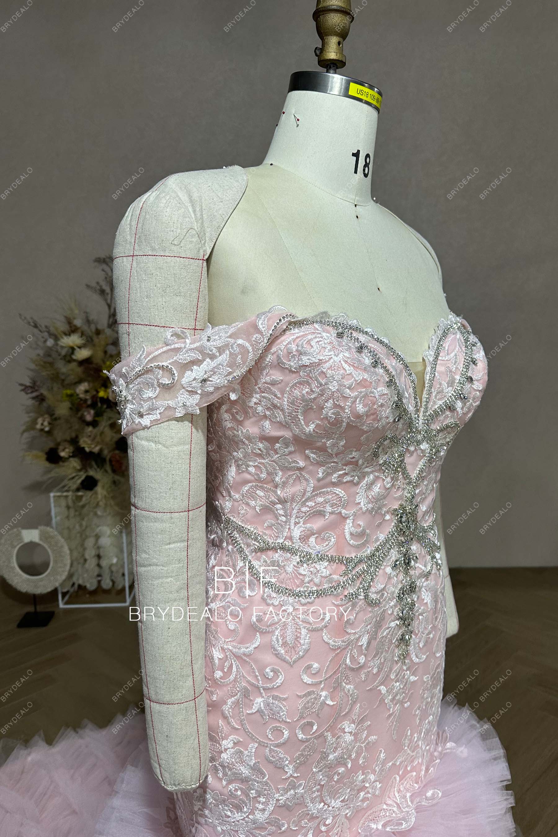 off shoulder pink lace bridal gown