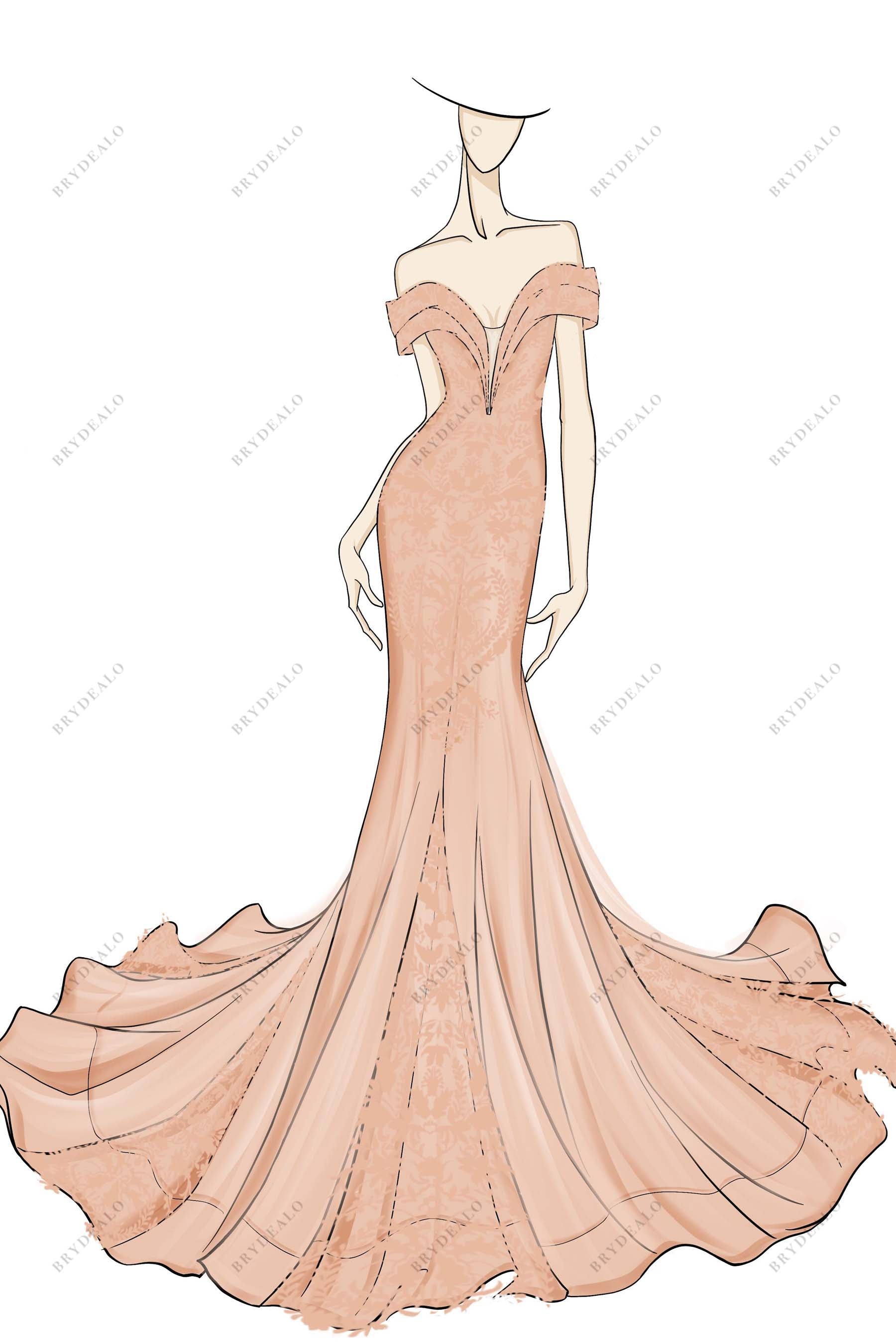 Off-shoulder Plunging Dusty Pink Custom Wedding Dress Sketch