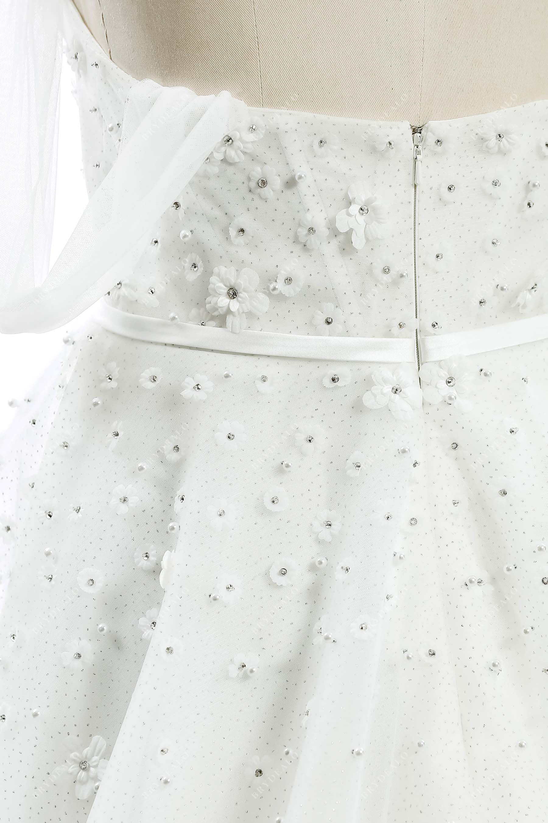 off-shoulder scattered pearls bridal gown