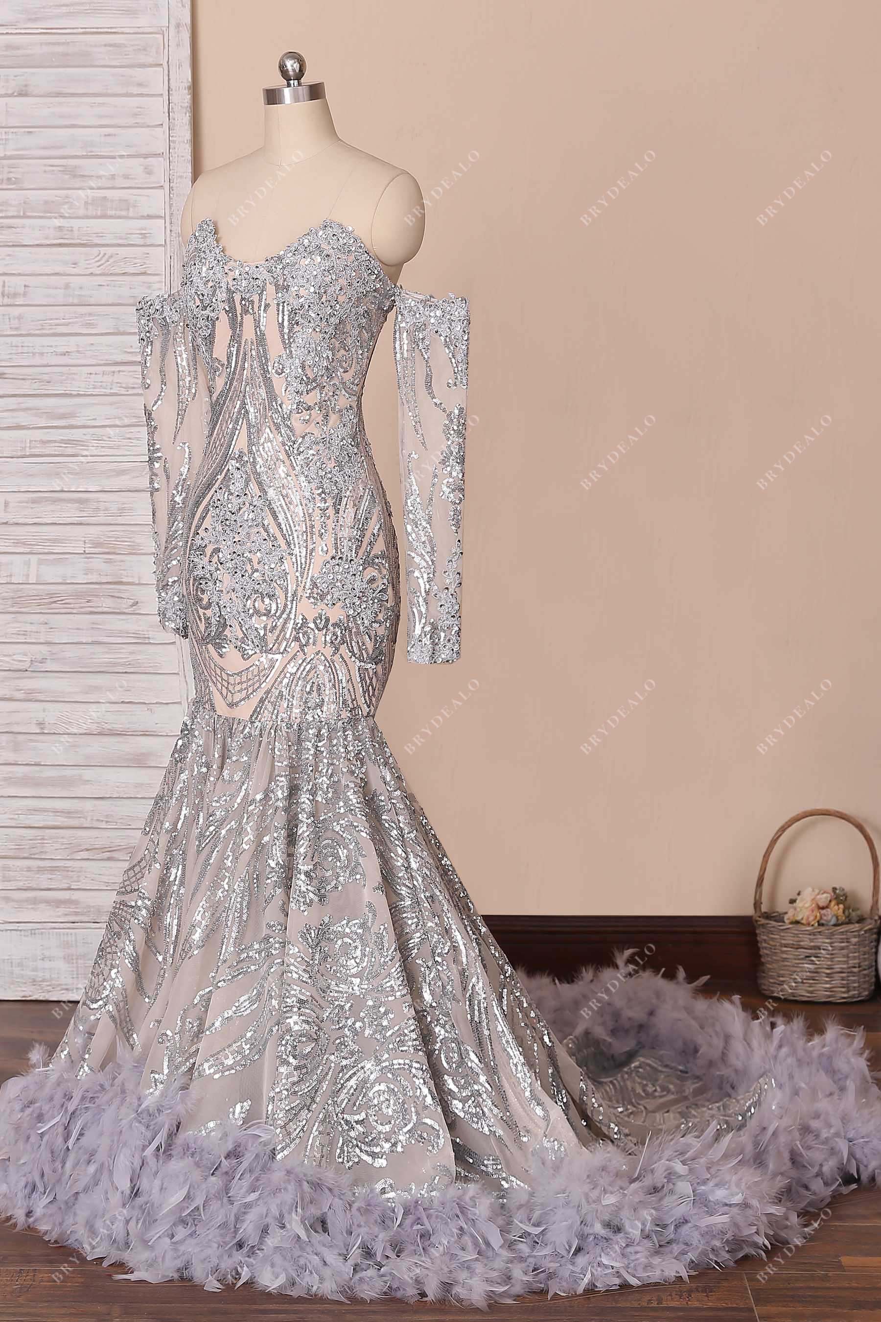 off-shoulder sequin mermaid feathers prom gown