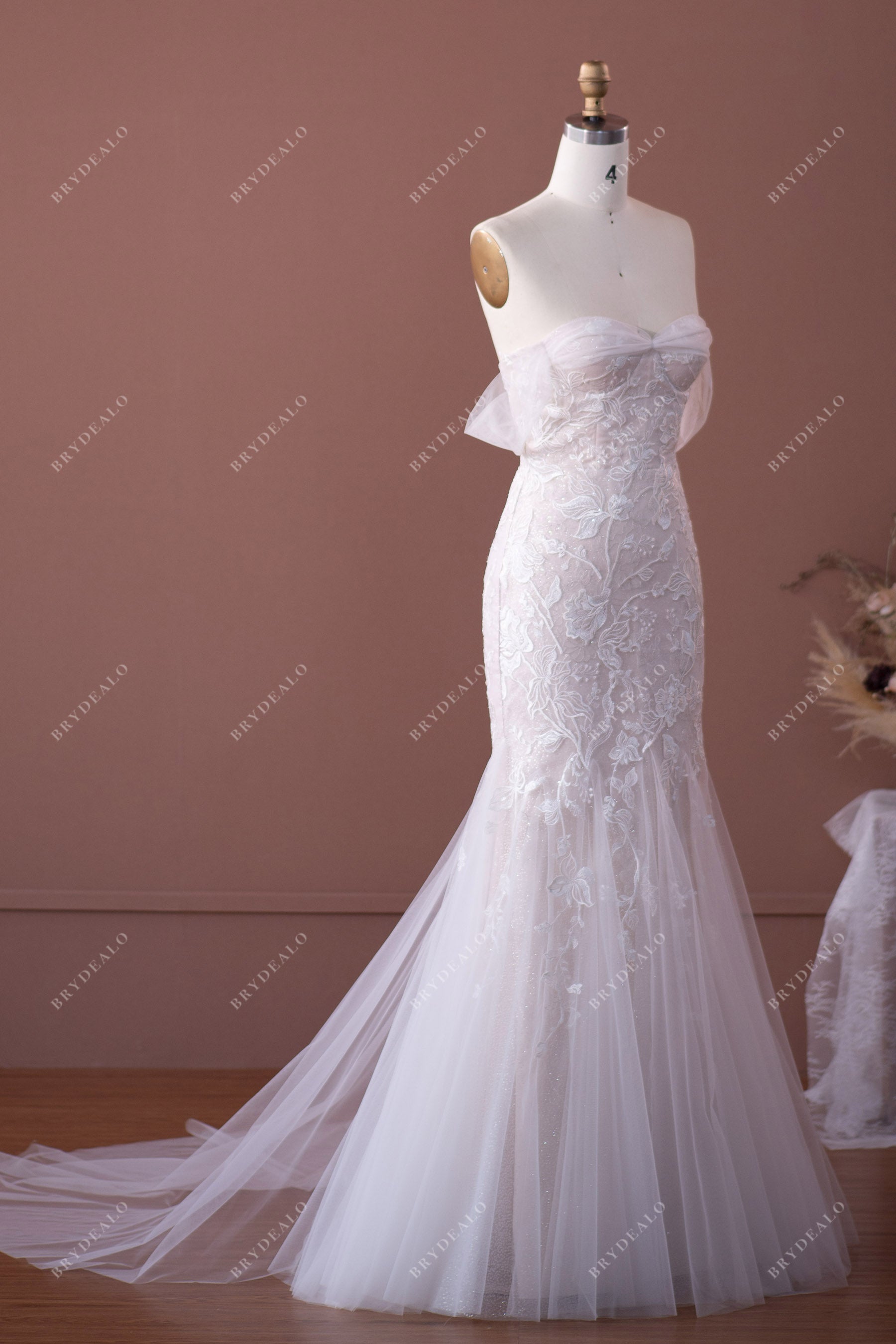 Shimmery Off Shoulder Lace Tulle Mermaid Wedding Dress