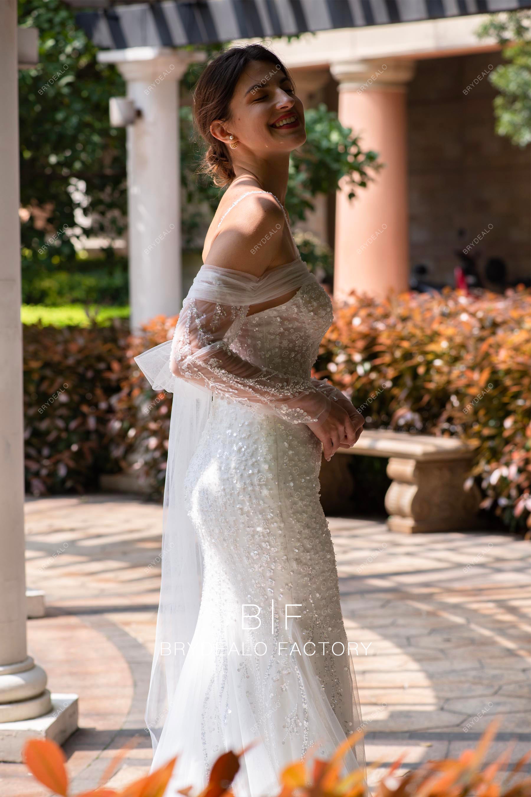 off shoulder sparkly wedding dress
