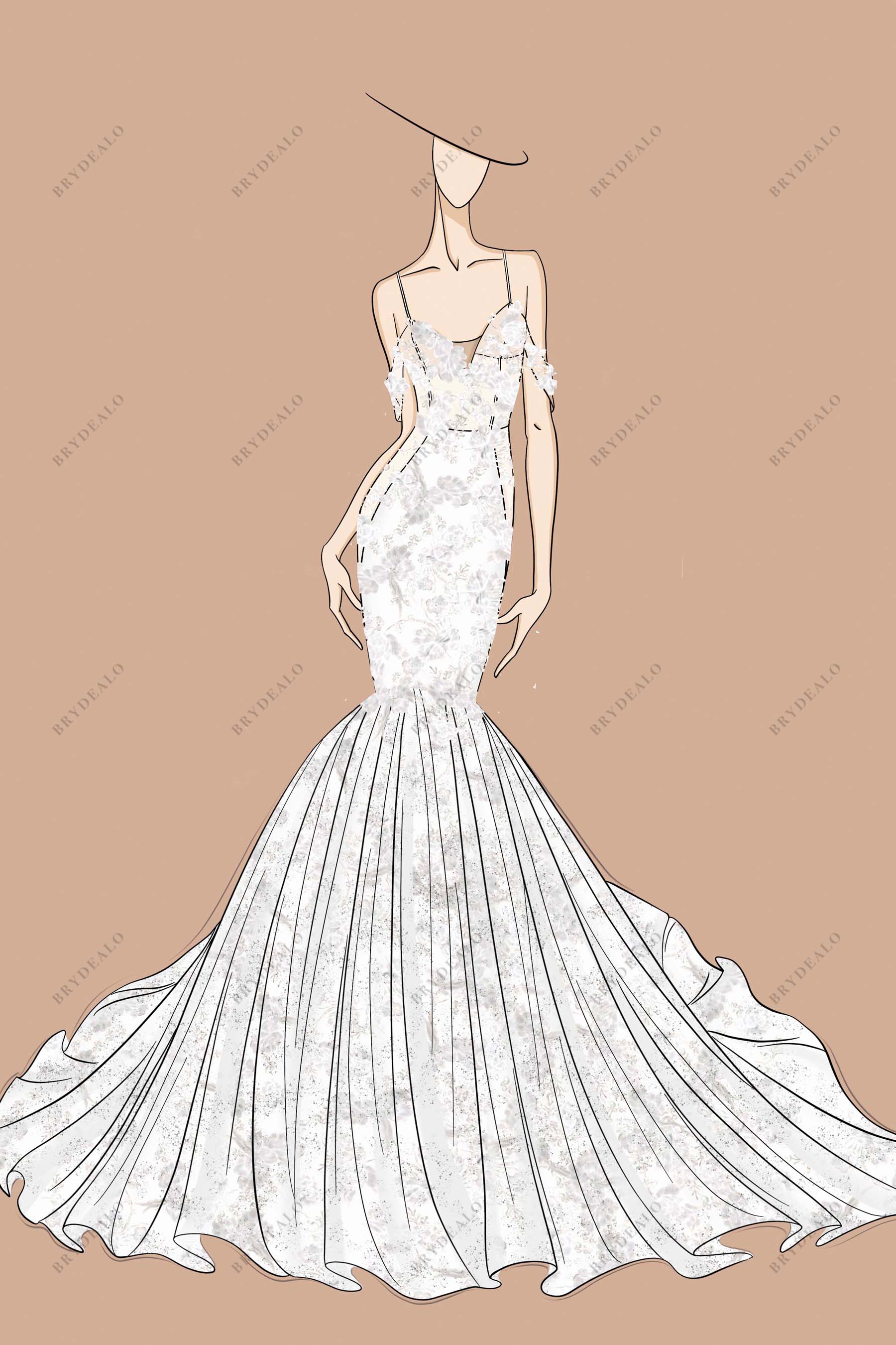 Off-shoulder Custom Lace Trumpet Wedding Dress Sketch