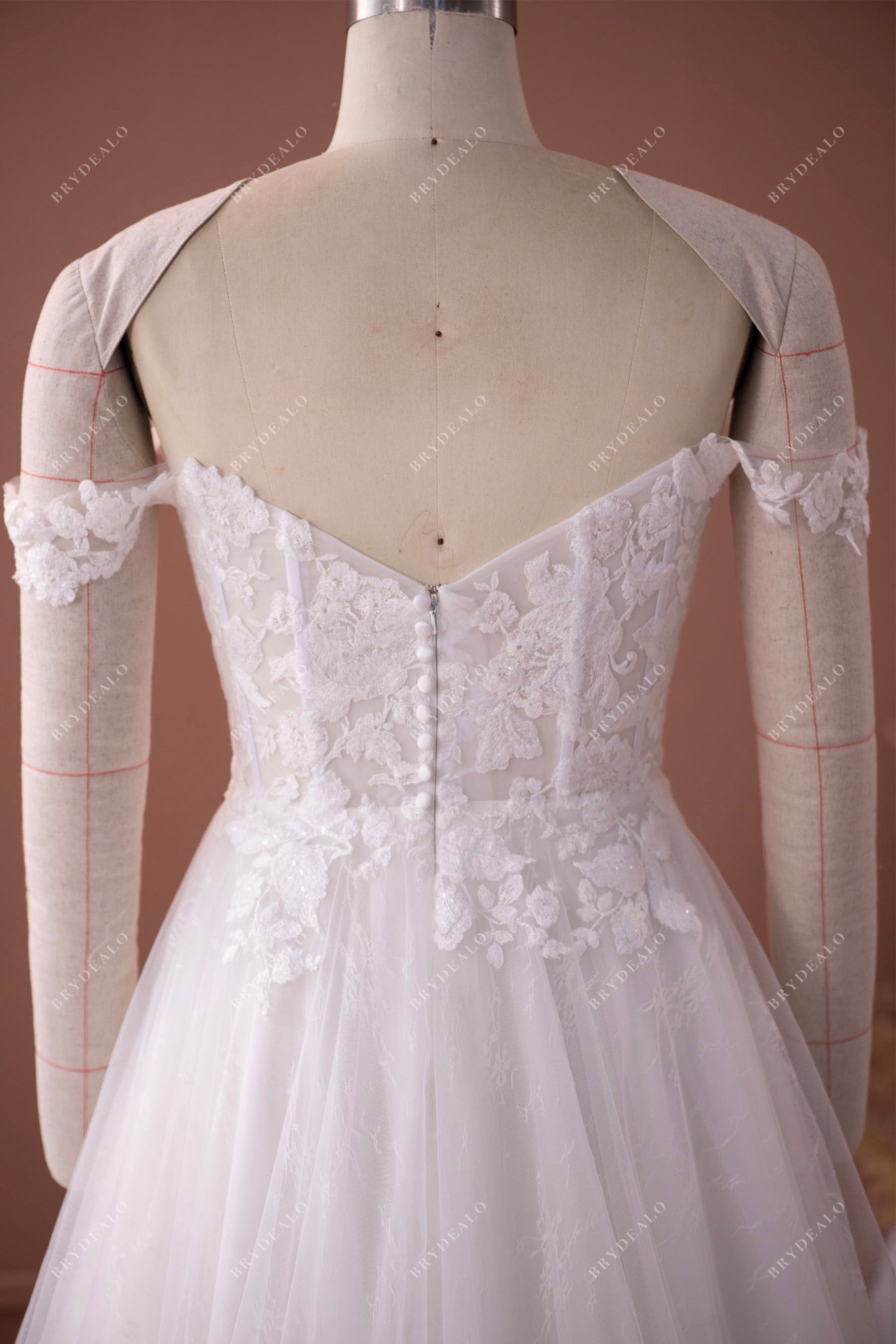 off shoulder visible boning wedding dress