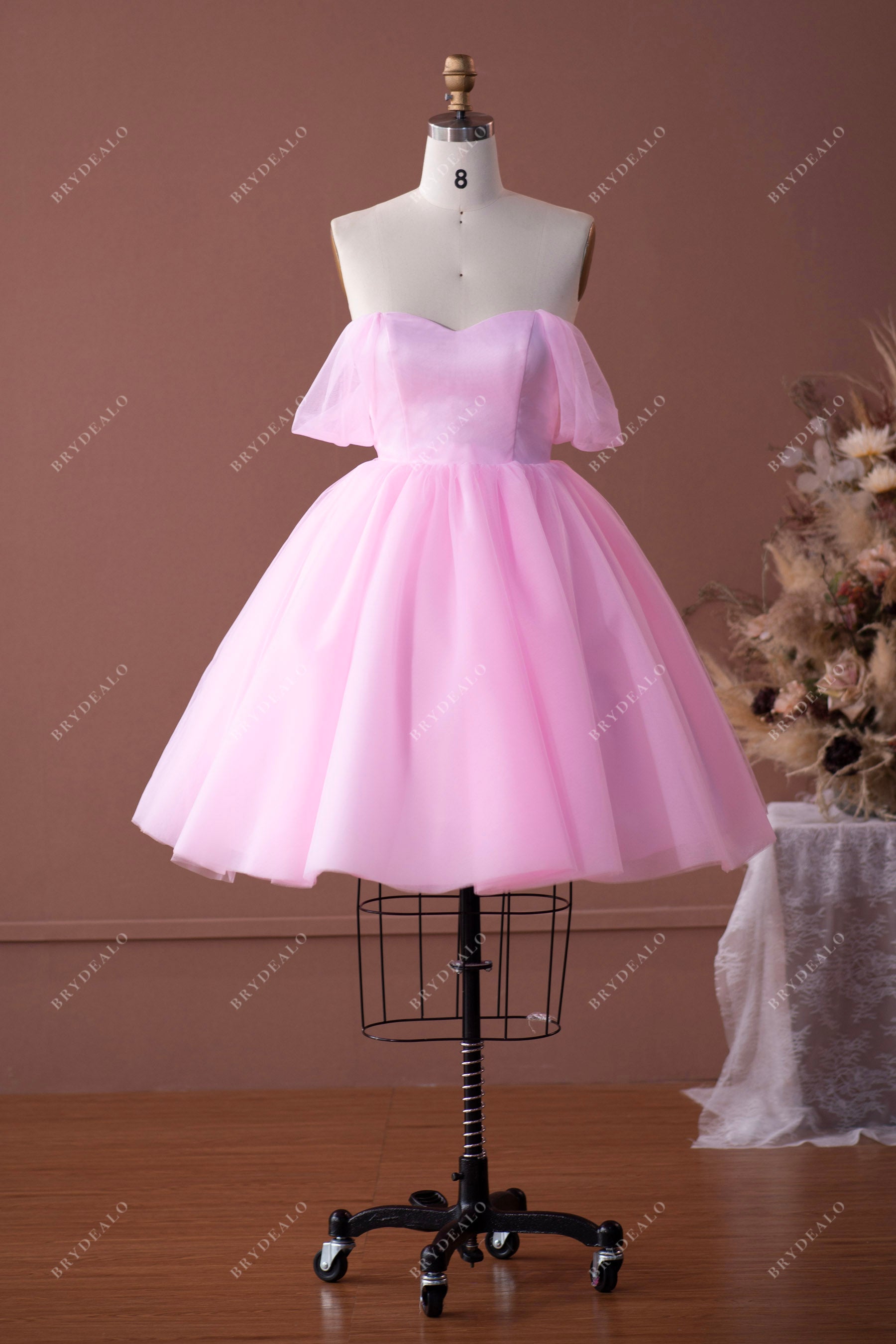 off-the-shoulder puffy knee length prom formal dress