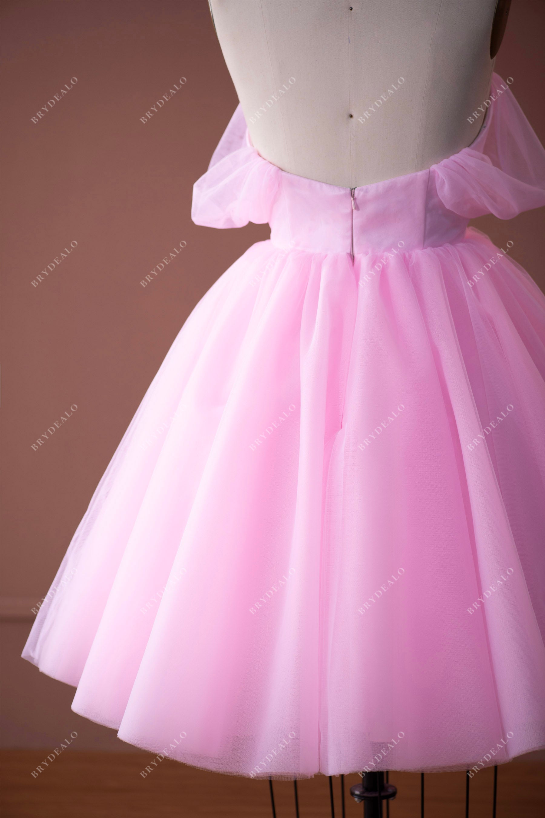 off-the-shoulder low back puffy knee length formal dress