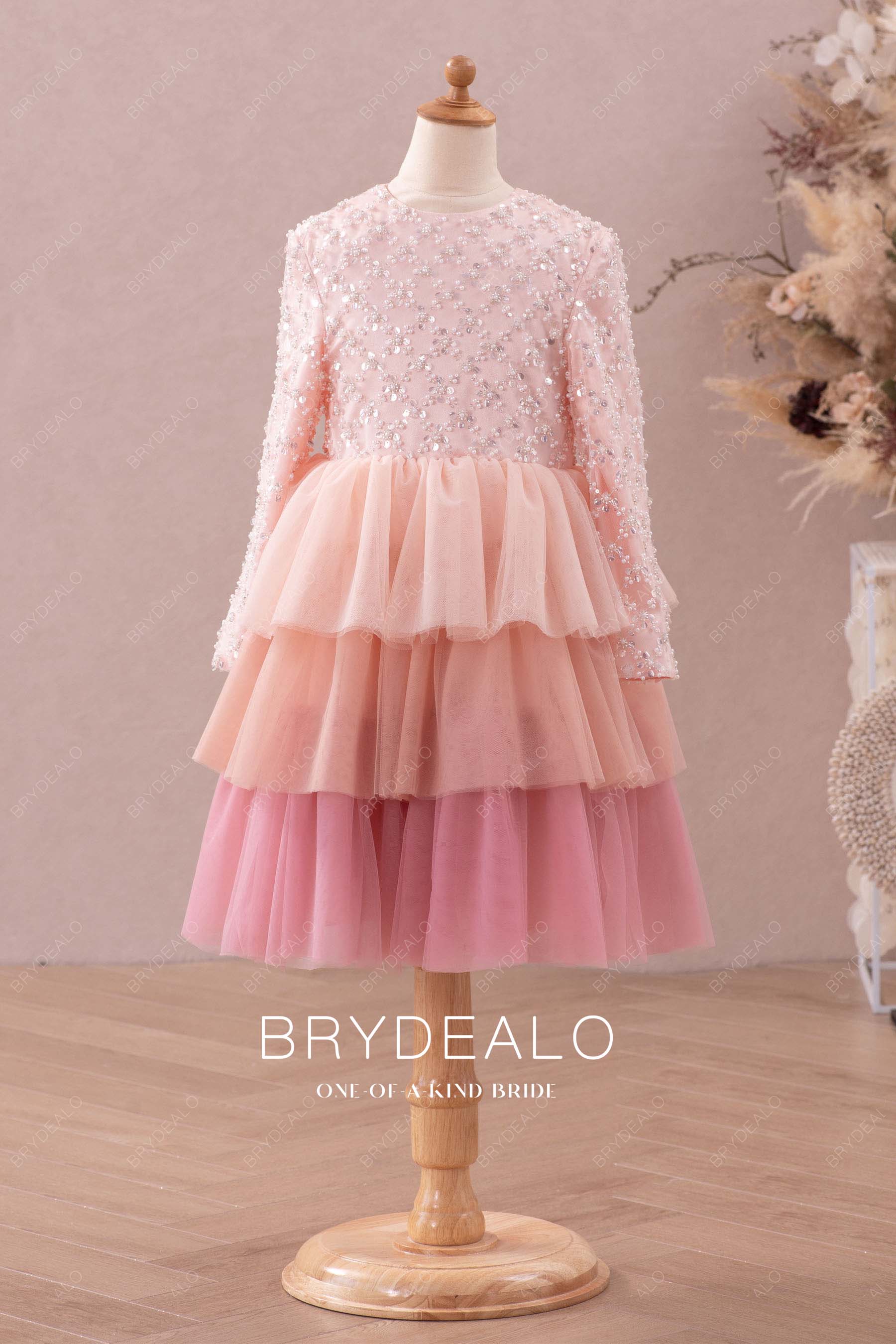 ombre pink glitter knee-length kids formal wear